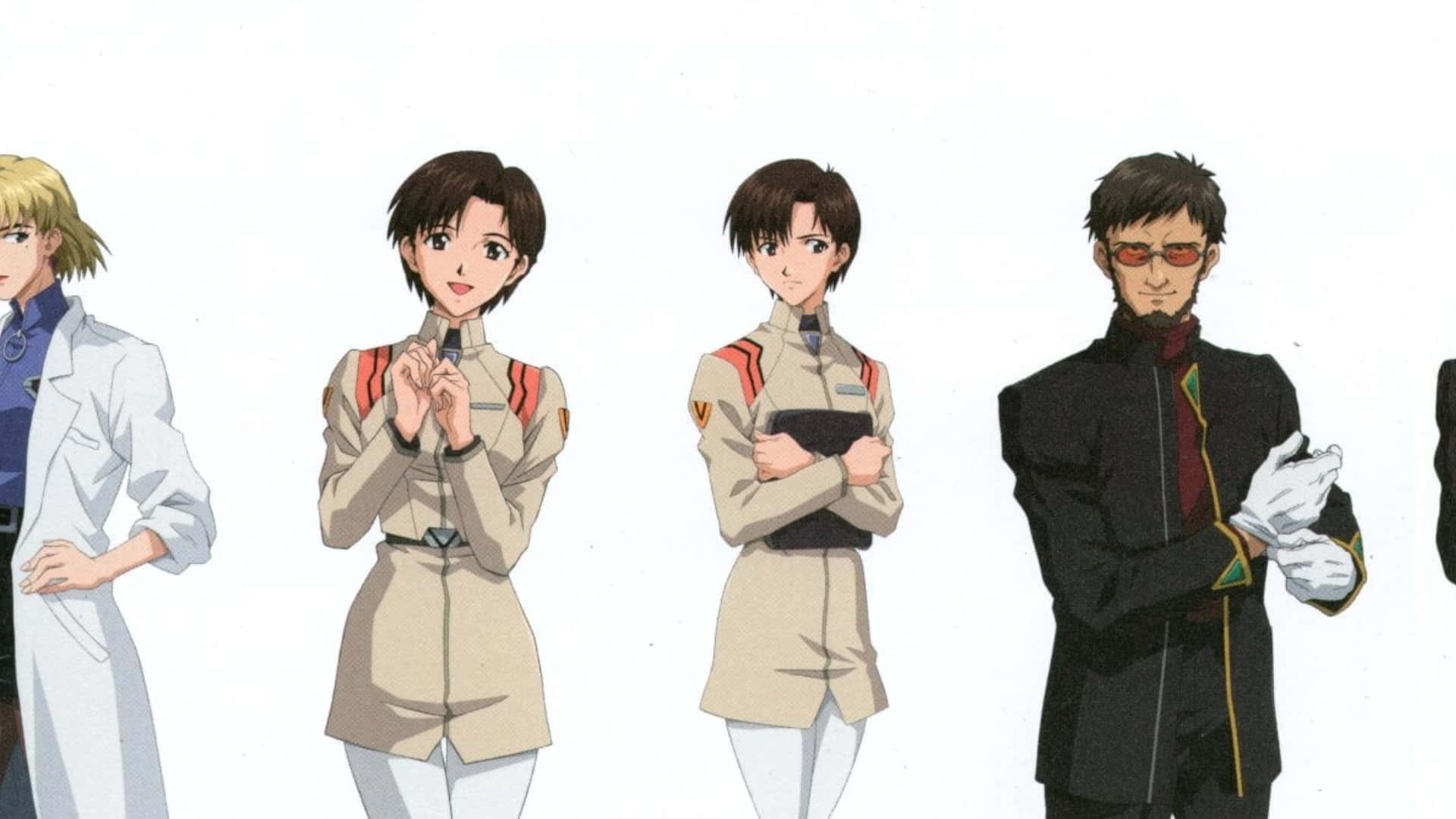 Maya Ibuki 桌布 壁紙 — 四個穿著不同制服的動漫角色站在白色背景前，擺出各種姿勢和表情。