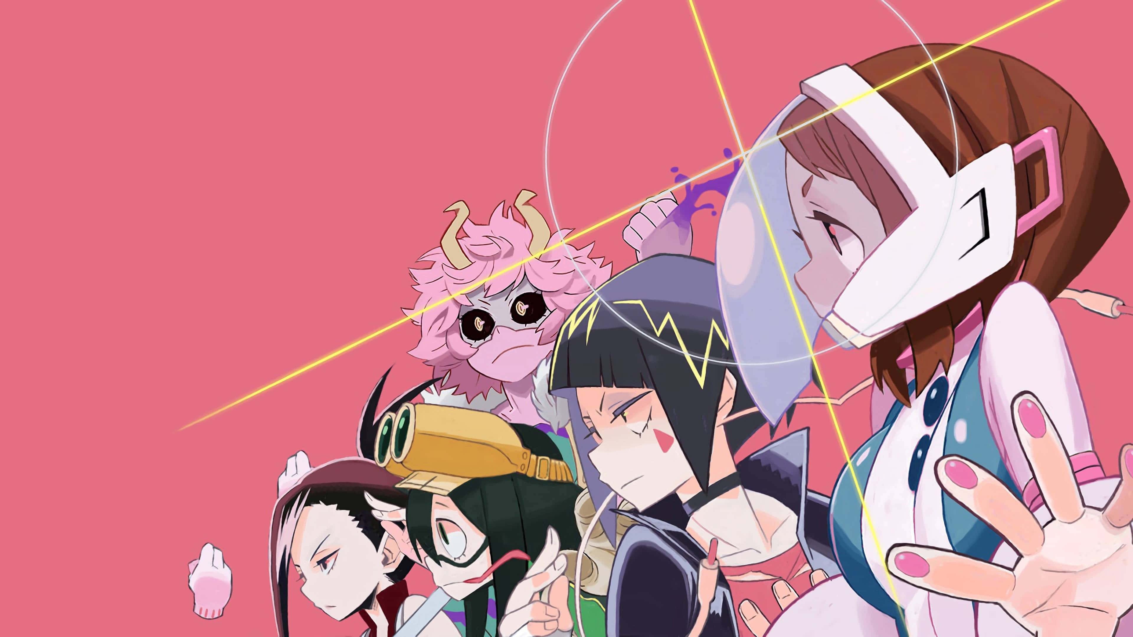 Kyoka Jiro 桌布 壁紙 — 四個穿著不同服裝、表情各異的動漫角色，在帶有發光黃色線條的純粉紅色背景前動態擺姿勢。