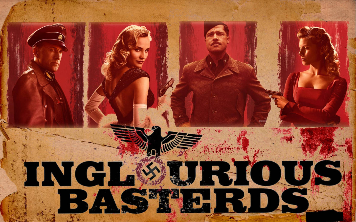 Inglourious Basterds 桌布 壁紙 — 四個穿著二戰時期服裝的角色在紅色帷幕前擺姿勢，帷幕上有血跡和納粹鷹標誌，海報已風化。