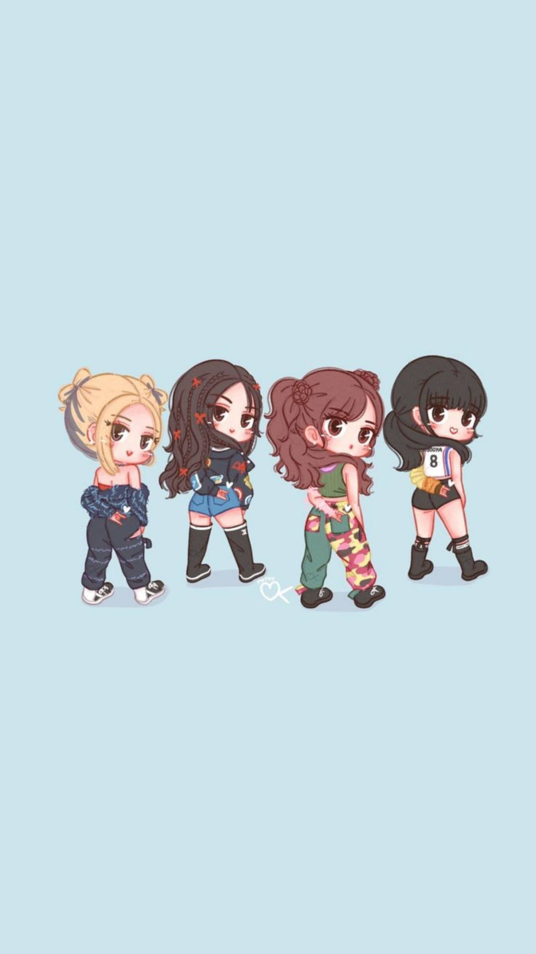 四個穿著休閒服裝的Q版動漫女孩一起站在藍色背景上。 — BLACKPINK Lisa GIF 壁紙