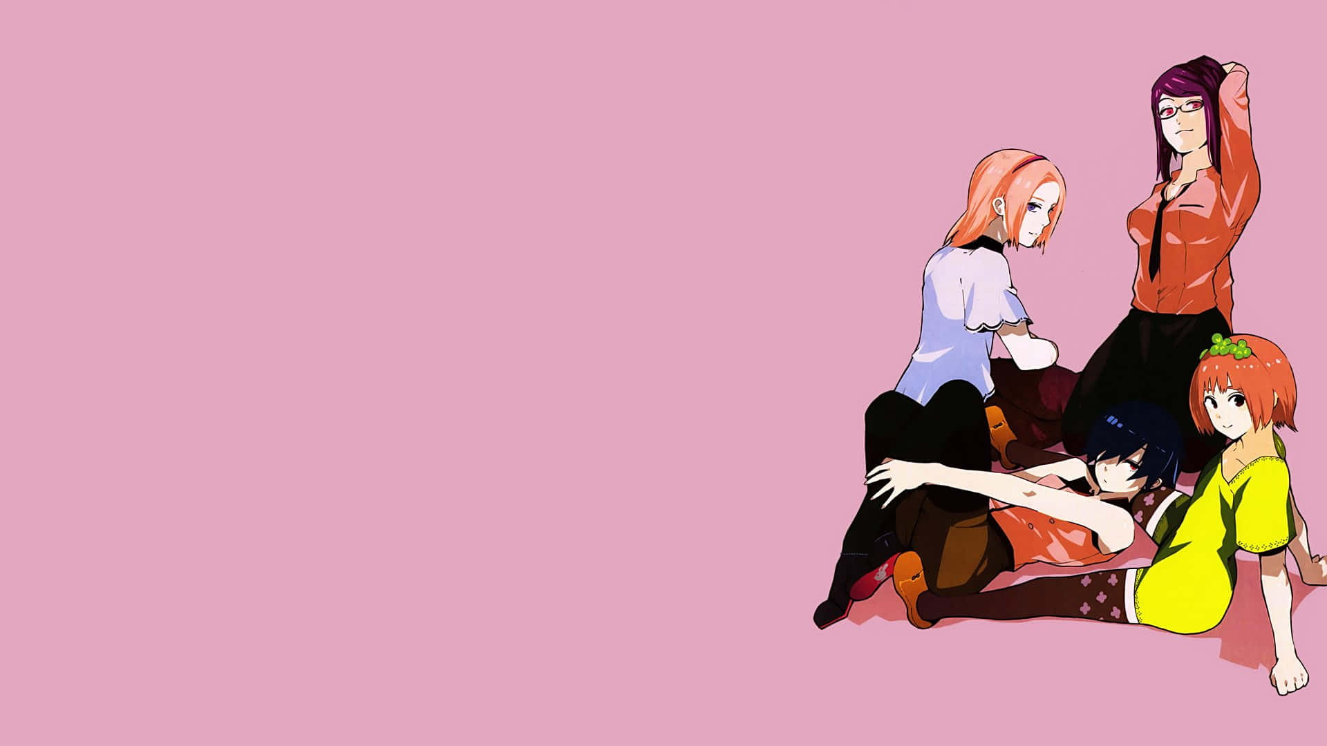 Akira Mado 桌布 壁紙 — 四個穿著休閒服裝的動漫女孩坐在純粉紅色背景上，帶有柔和陰影。