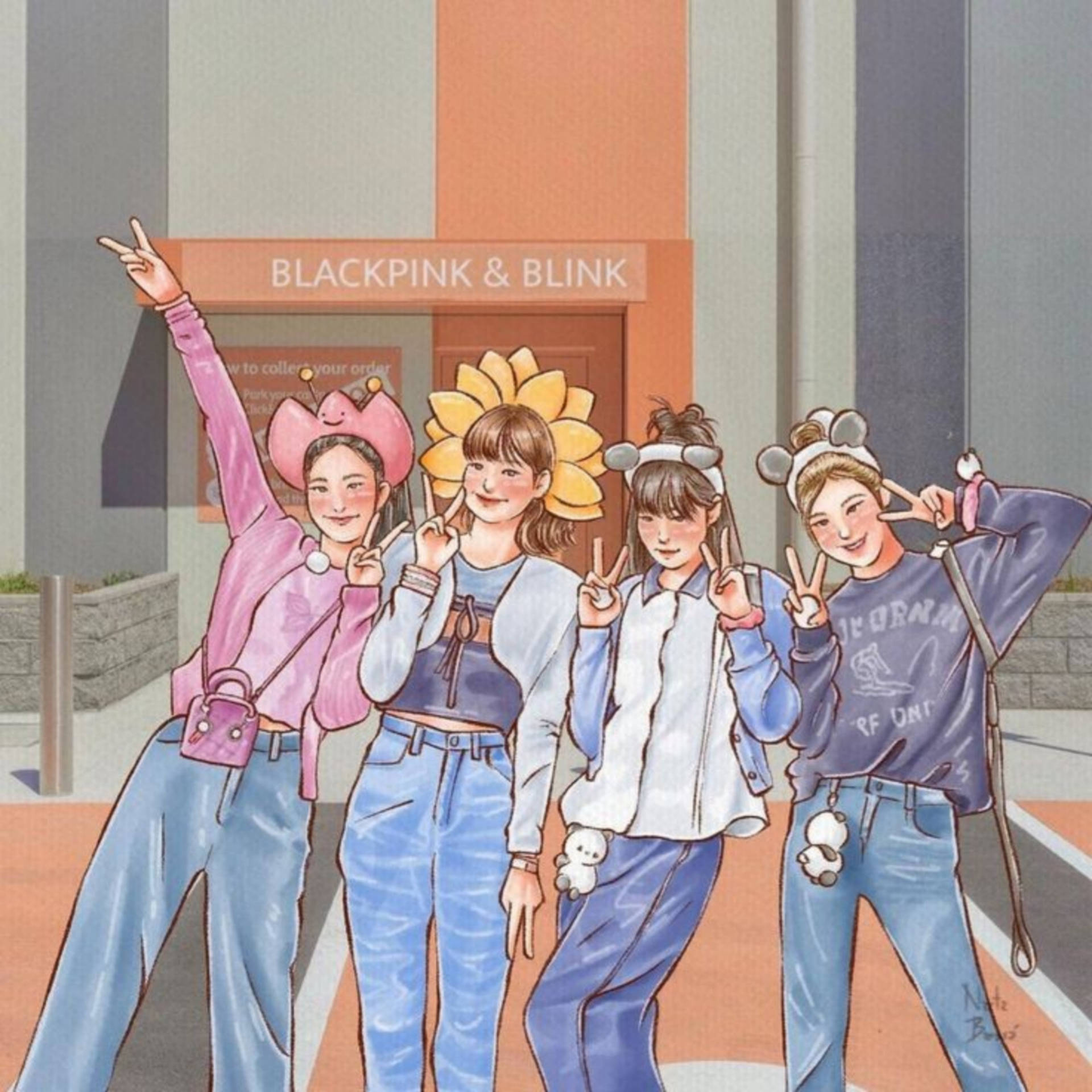 四個動漫女孩在BLACKPINK粉絲商店外比出和平手勢。 — Blackpink 動畫 GIF 壁紙