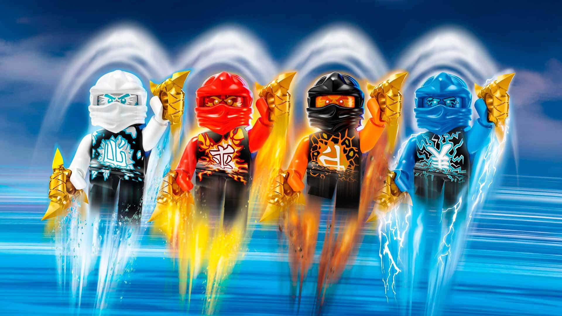 Ninjago 桌布 壁紙 — 四個穿著元素套裝的LEGO旋風忍者角色，手持發光武器，在動態藍色運動背景上懸浮。