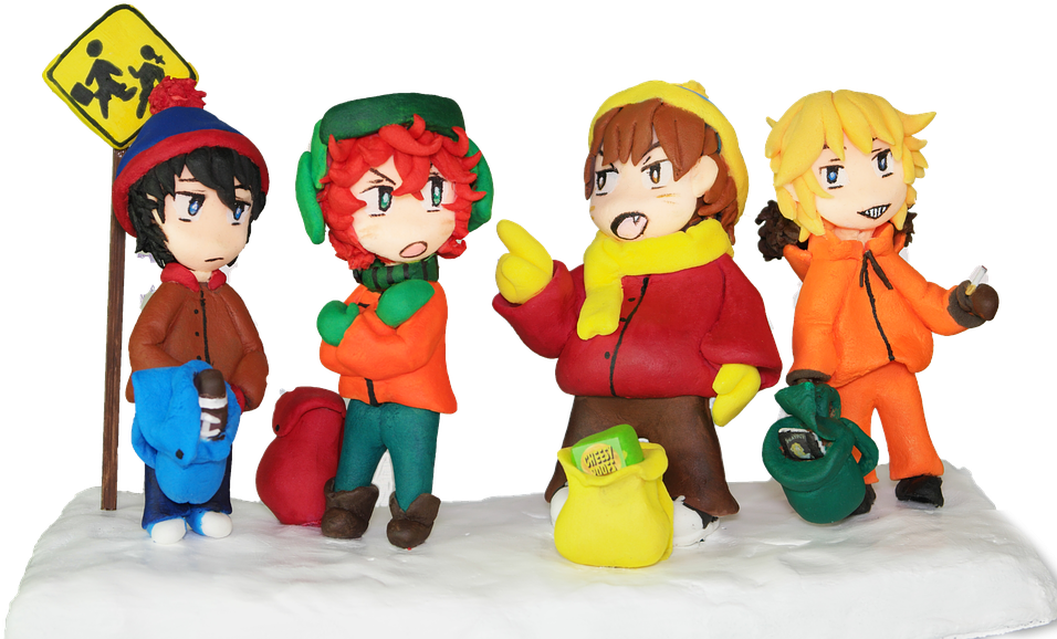 公園 桌布 壁紙 — 四個穿著冬季裝備的Q版動漫角色站在雪地上，旁邊有一個行人穿越道標誌。
