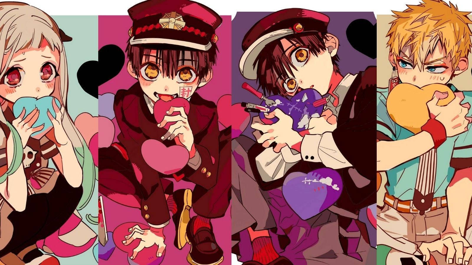 hanako 桌布 壁紙 — 四個穿著制服的動漫角色在充滿活力的粉彩背景前手持色彩繽紛的心形。