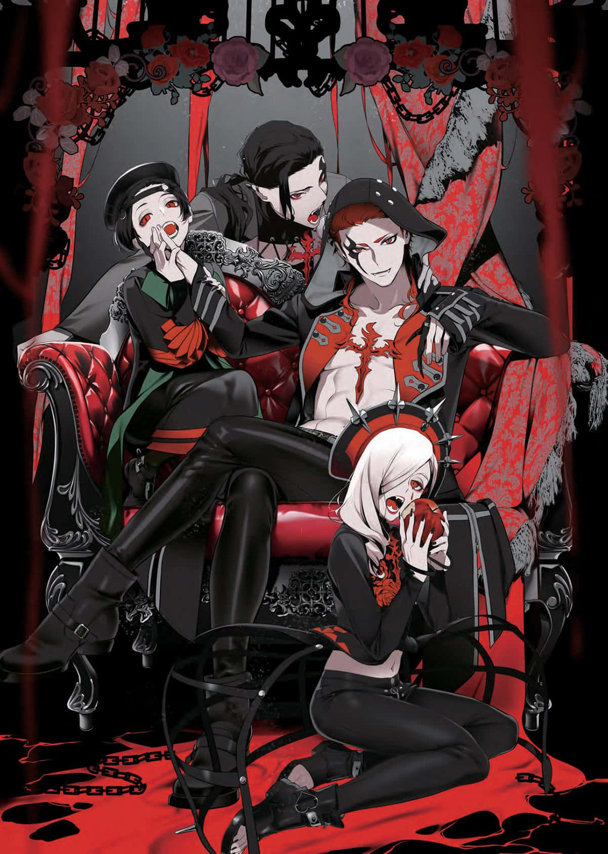 Visual Kei 桌布 壁紙 — 四個穿著哥德式服裝的動漫角色坐在一個被玫瑰和鎖鏈包圍的紅色天鵝絨王座上，身處一個黑暗華麗的房間。
