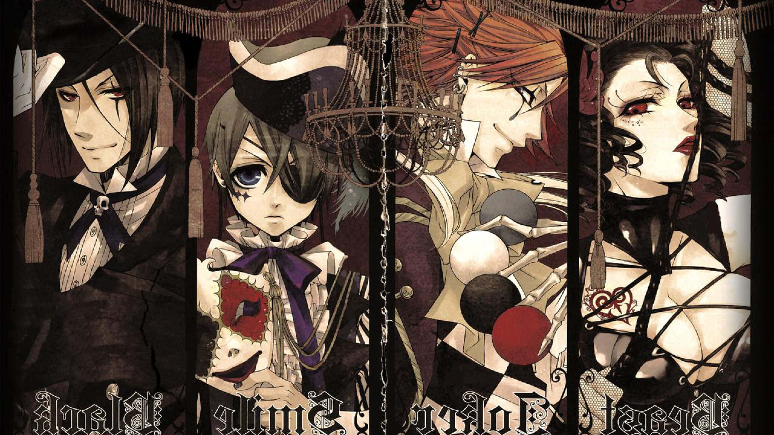 Black Butler 桌布 壁紙 — 四個穿著哥德式服裝的動漫角色站在吊燈下，房間陰暗華麗，帶有流蘇和紅色點綴。