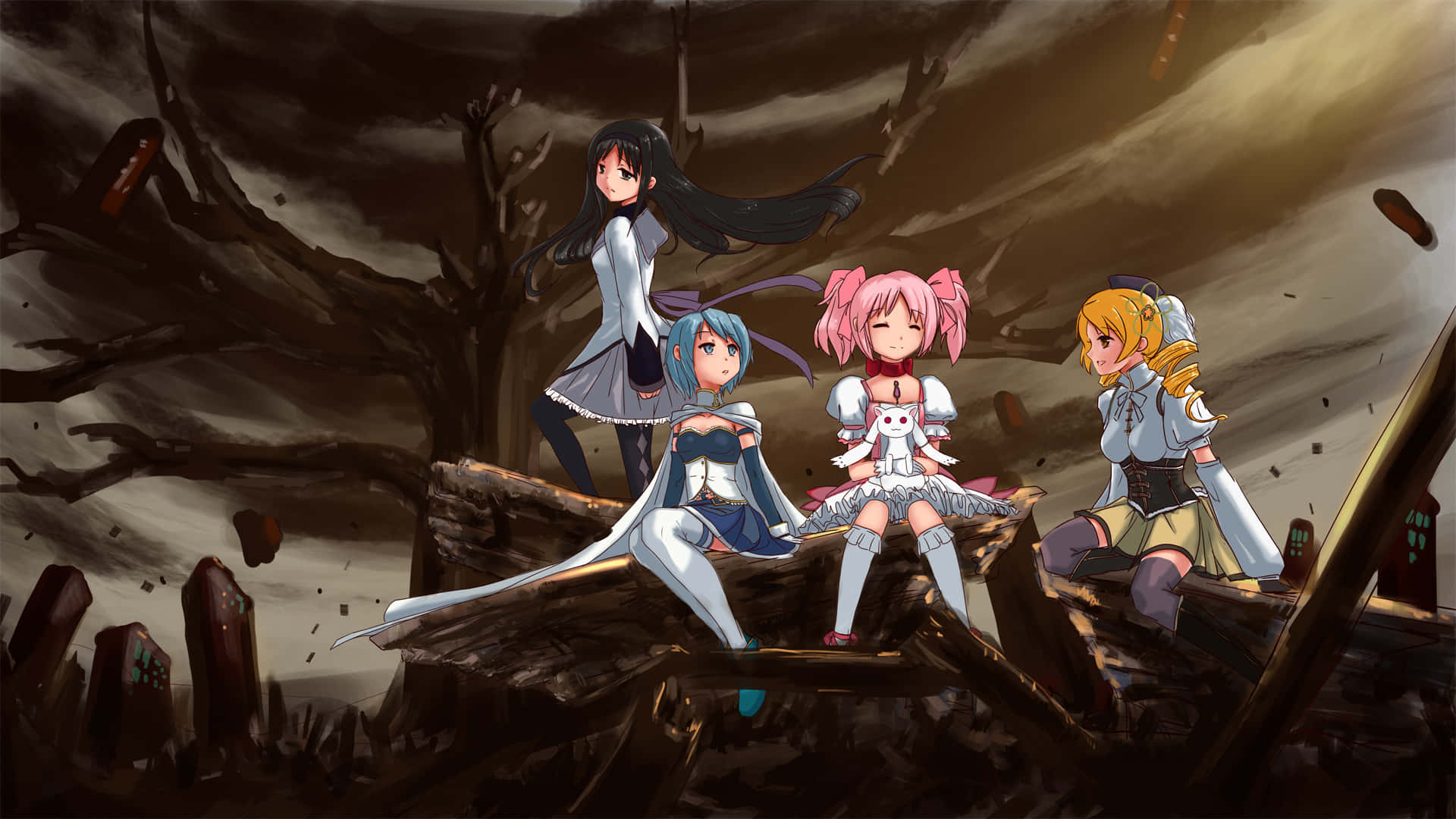 puella magi madoka magica 桌布 壁紙 — 四個穿著奇幻服裝的動漫女孩棲息在破碎的廢墟上，天空風暴來襲，周圍有光禿禿的樹木。