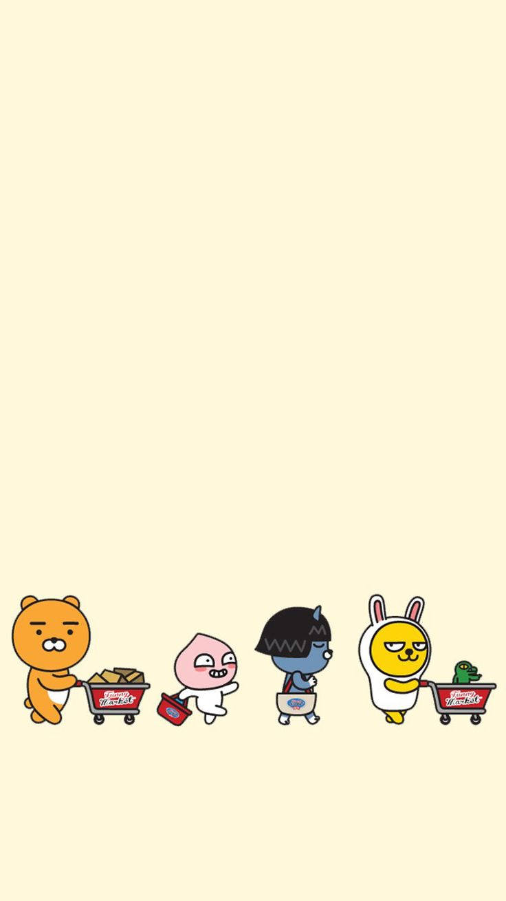 Kakao 桌布 壁紙 — 四個穿著尿布的可愛卡通人物推著裝滿雜貨的紅色購物車，背景為淡黃色。