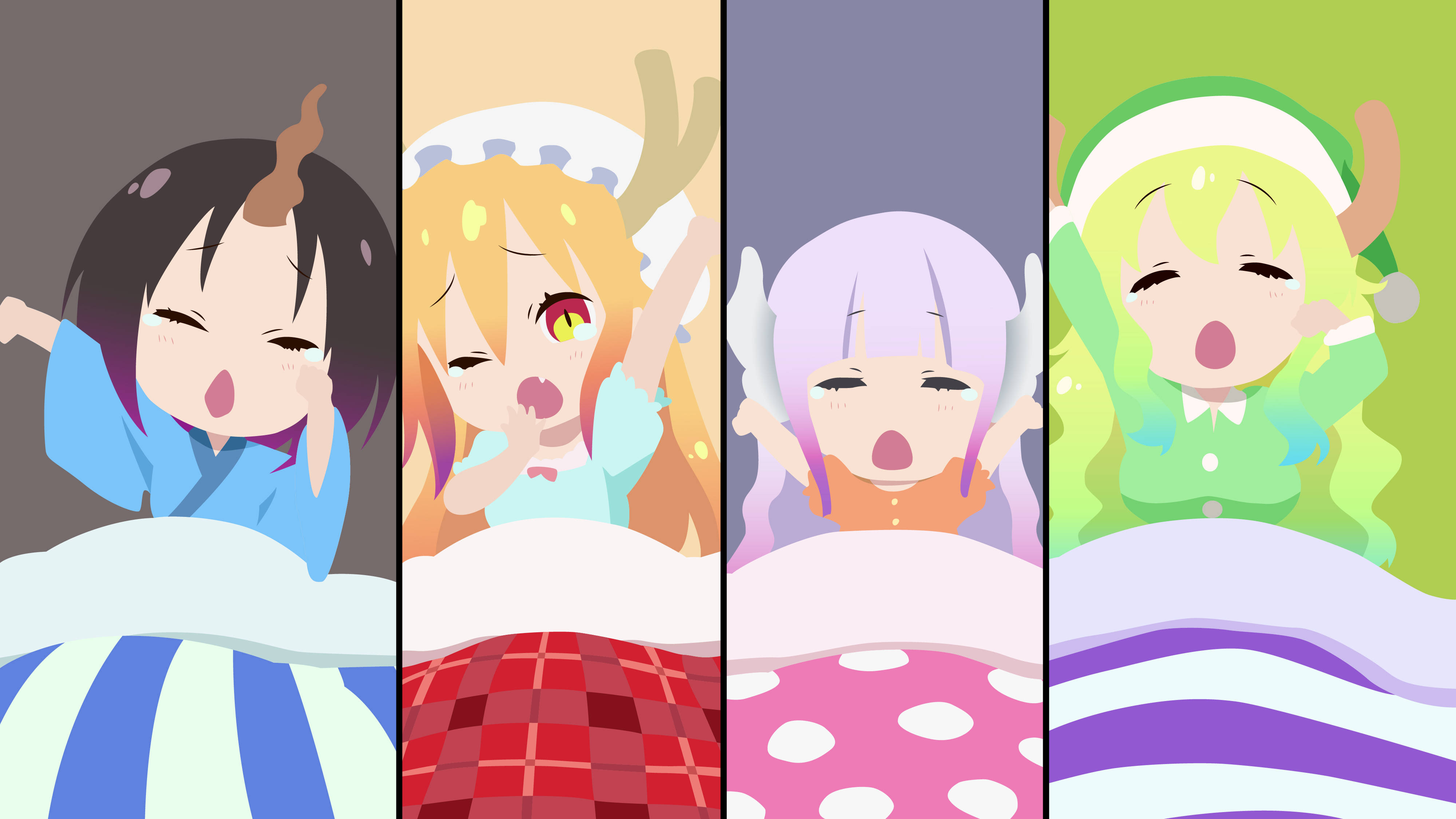 Lucoa 桌布 壁紙 — 四個穿著彩色睡衣的動漫女孩，帶著驚訝的表情和鹿角在床上醒來。