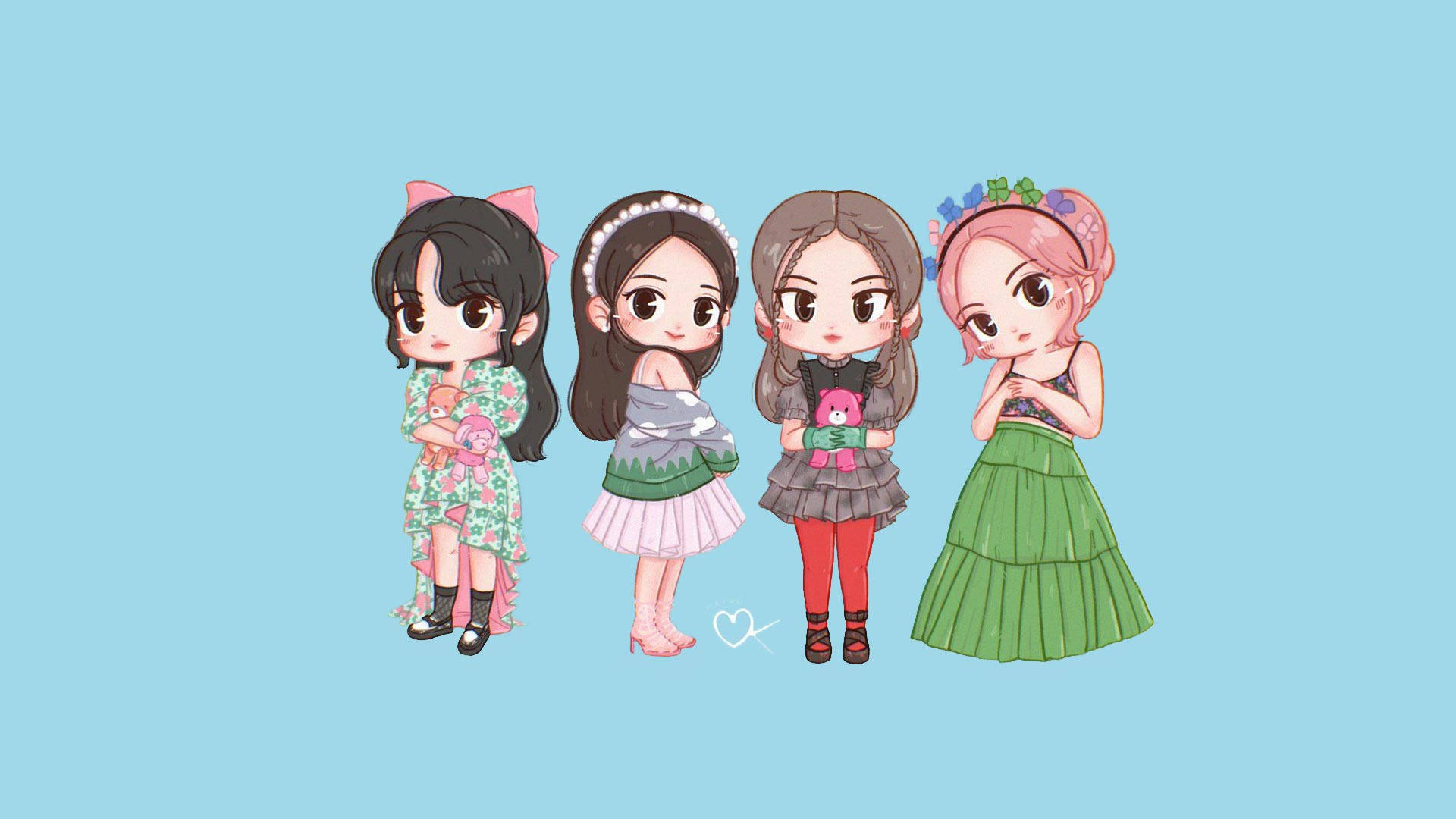 四個穿著連衣裙的Q版動畫女孩在藍色背景前抱著毛絨玩具。 — Blackpink 動畫 GIF 壁紙