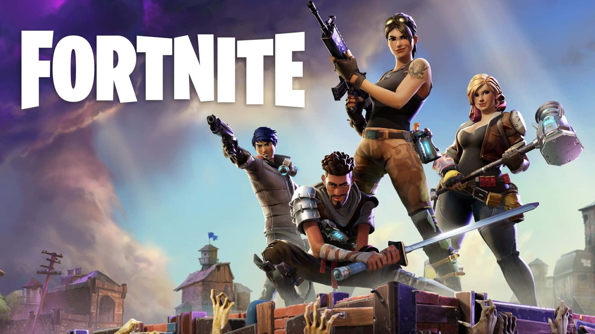 Fye No Skin Fortnite 桌布 壁紙 — 四個穿著戰鬥裝備的Fortnite角色站在一個木箱上，殭屍手在暴風雨的天空下向上伸。