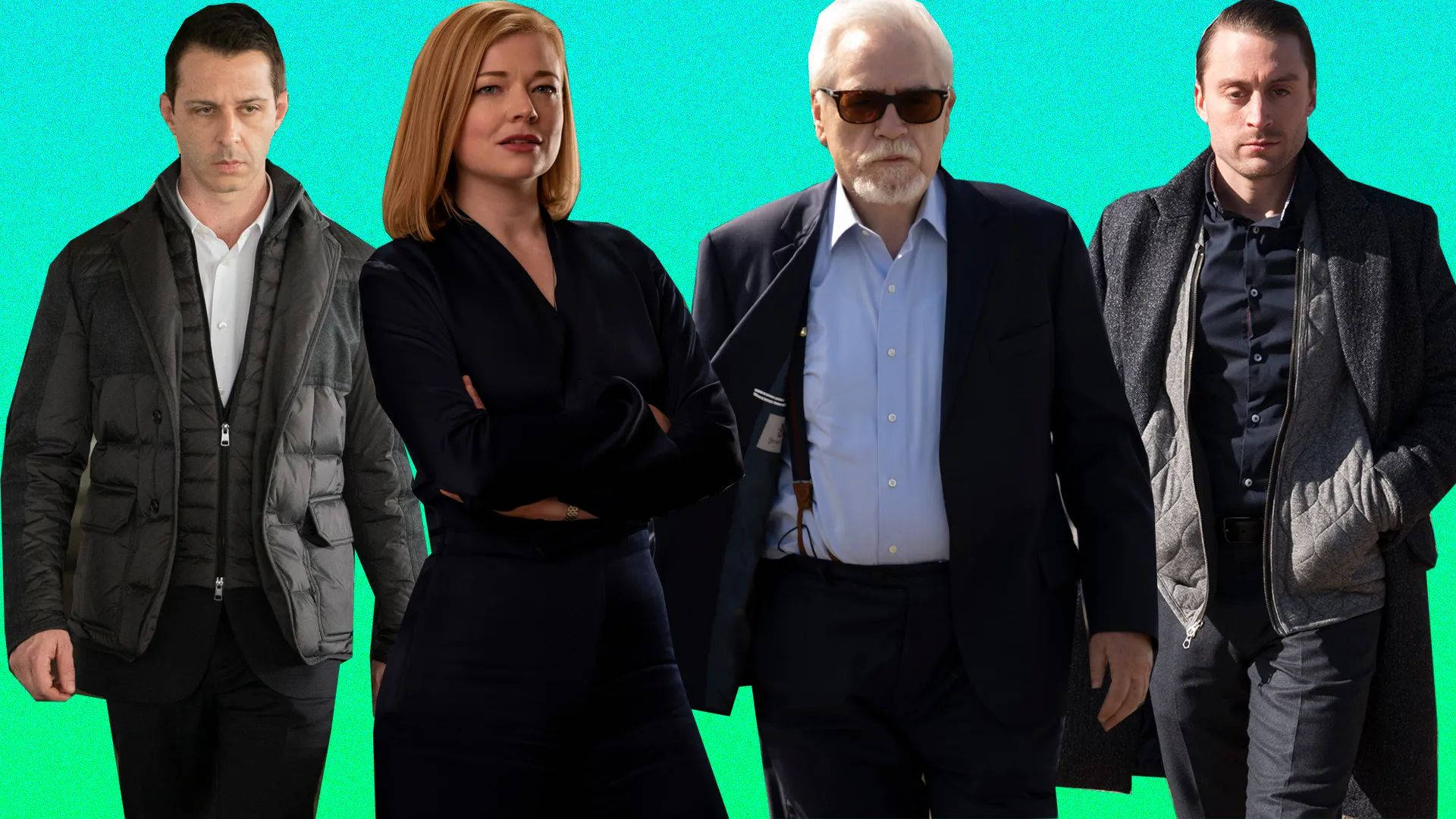 Succession 桌布 壁紙 — 四個穿著時尚外套的嚴肅人士自信地站在充滿活力的青綠色背景前。