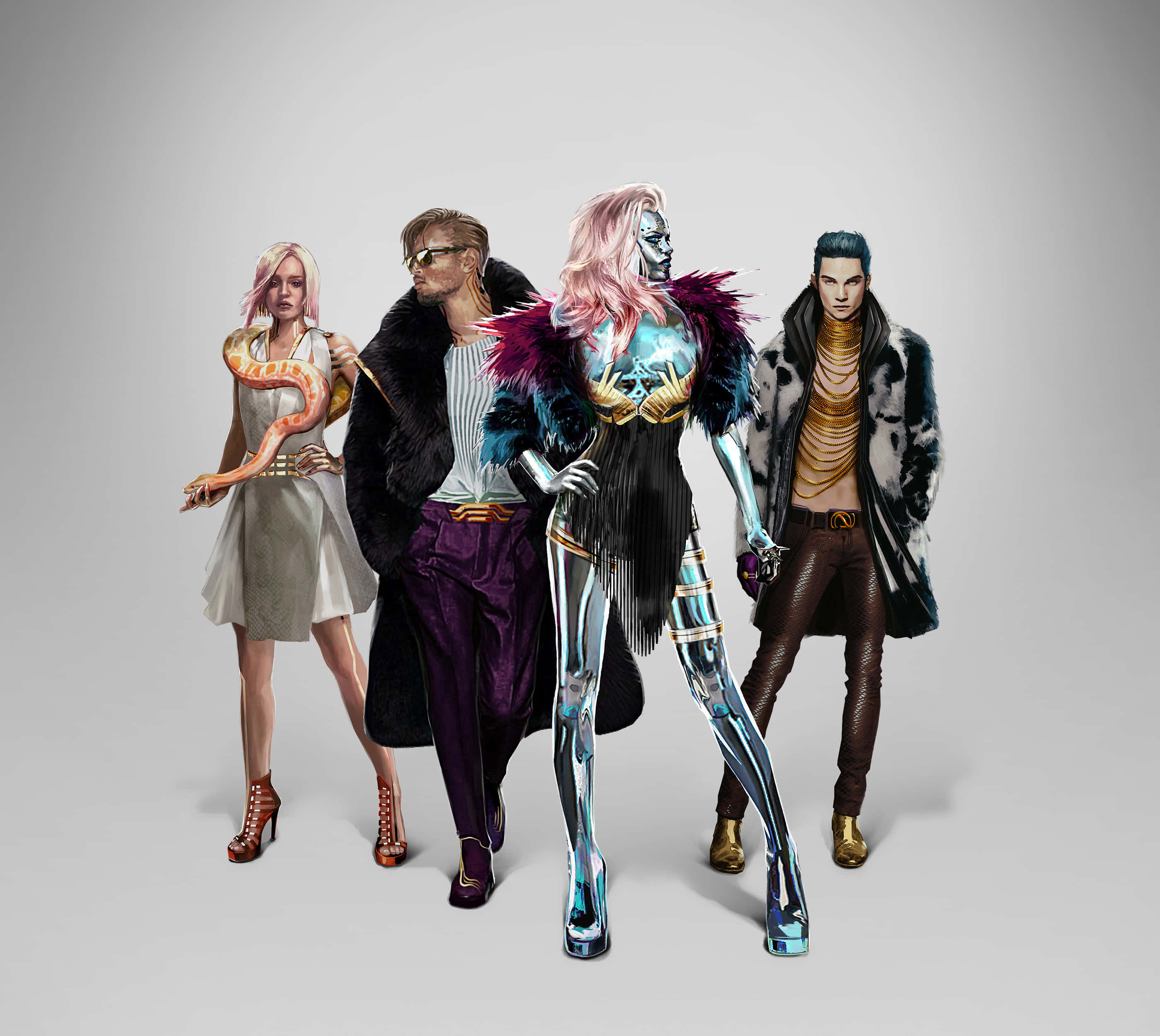 Cyberpunk 2077 Characters 桌布 壁紙 — 四個穿著時尚的未來角色在純灰色背景前自信地擺姿勢。