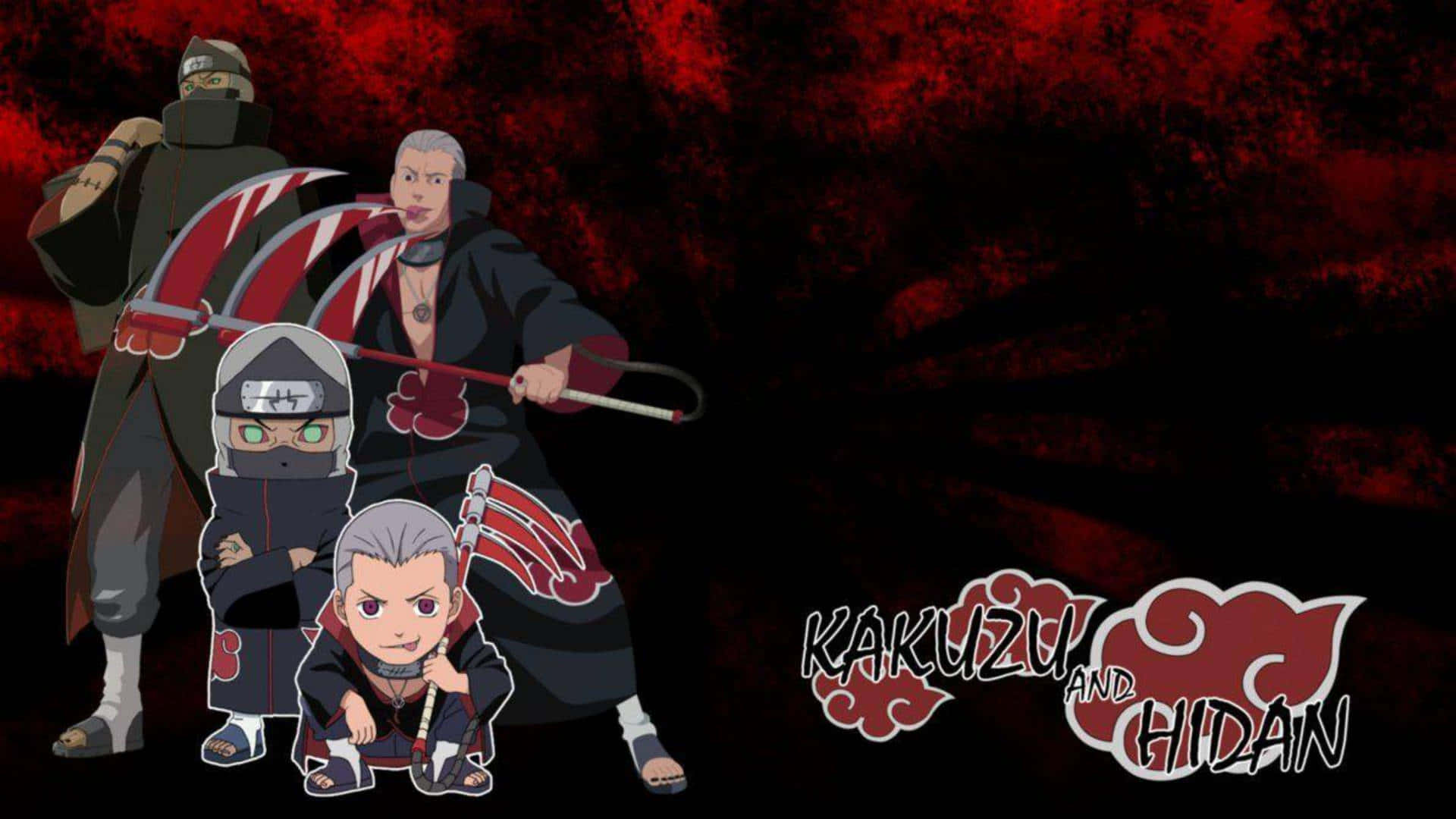 Akatsuki Chibi 桌布 壁紙 — 四個穿著曉組織斗篷的動漫忍者角色站在深紅色紋理背景前，並顯示他們的名字。