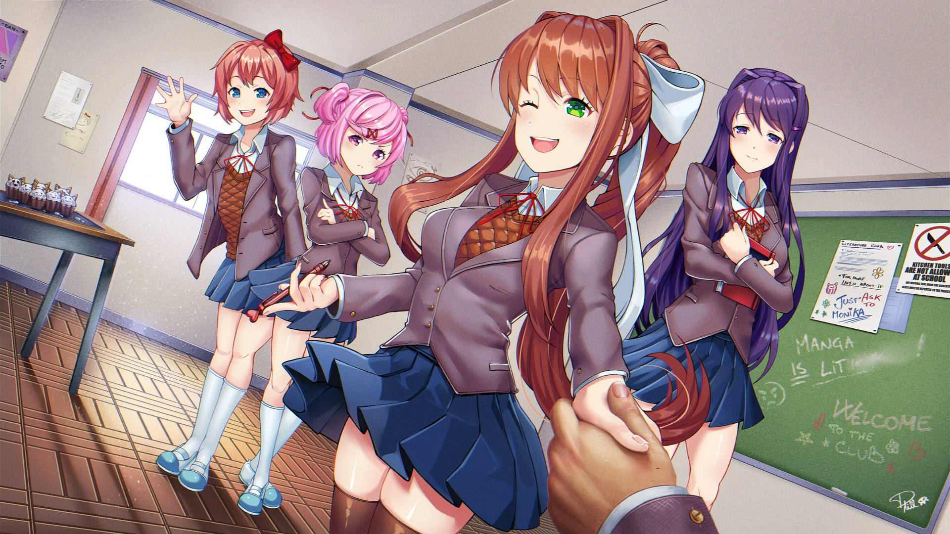 literature 桌布 壁紙 — 四個穿著校服、開心的動畫女孩在綠色黑板的教室裡頑皮地擺姿勢。