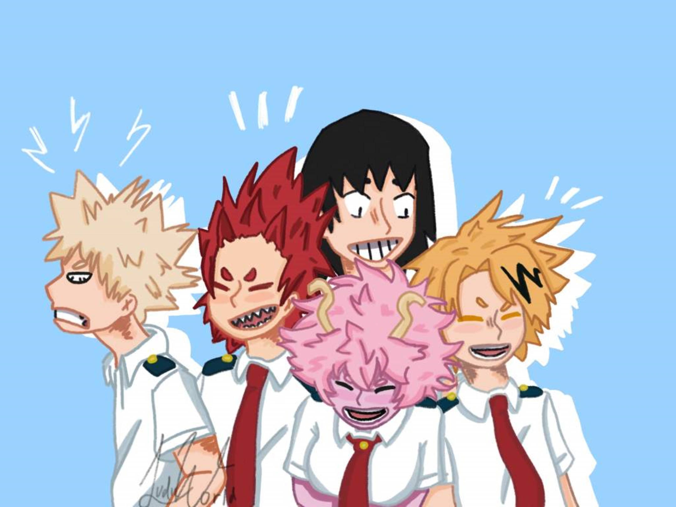 Bakusquad 桌布 壁紙 — 四個穿著校服、頭髮狂野、表情誇張的動漫角色，背景為純藍色。