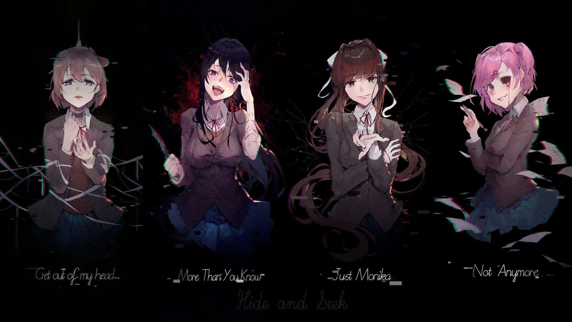 Doki Doki 桌布 壁紙 — 四個穿著校服的動漫女孩，帶有故障效果和黑暗背景，每個都配對Hide and Seek的歌詞。