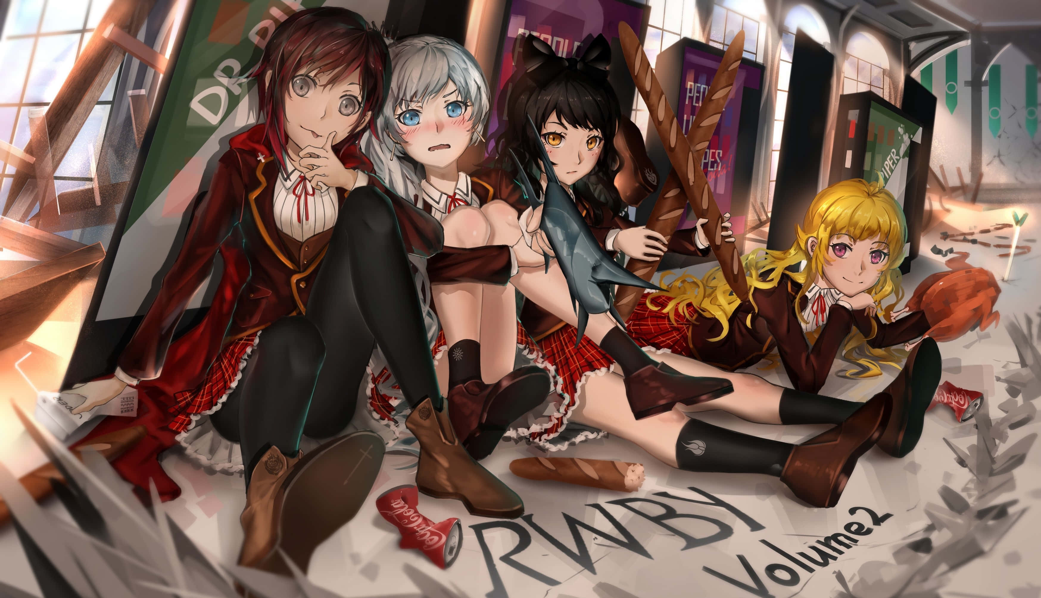 RWBY 桌布 壁紙 — 四個穿著校服的動漫女孩坐在一個混亂的房間裡，周圍散落著RWBY海報和糖果包裝紙。