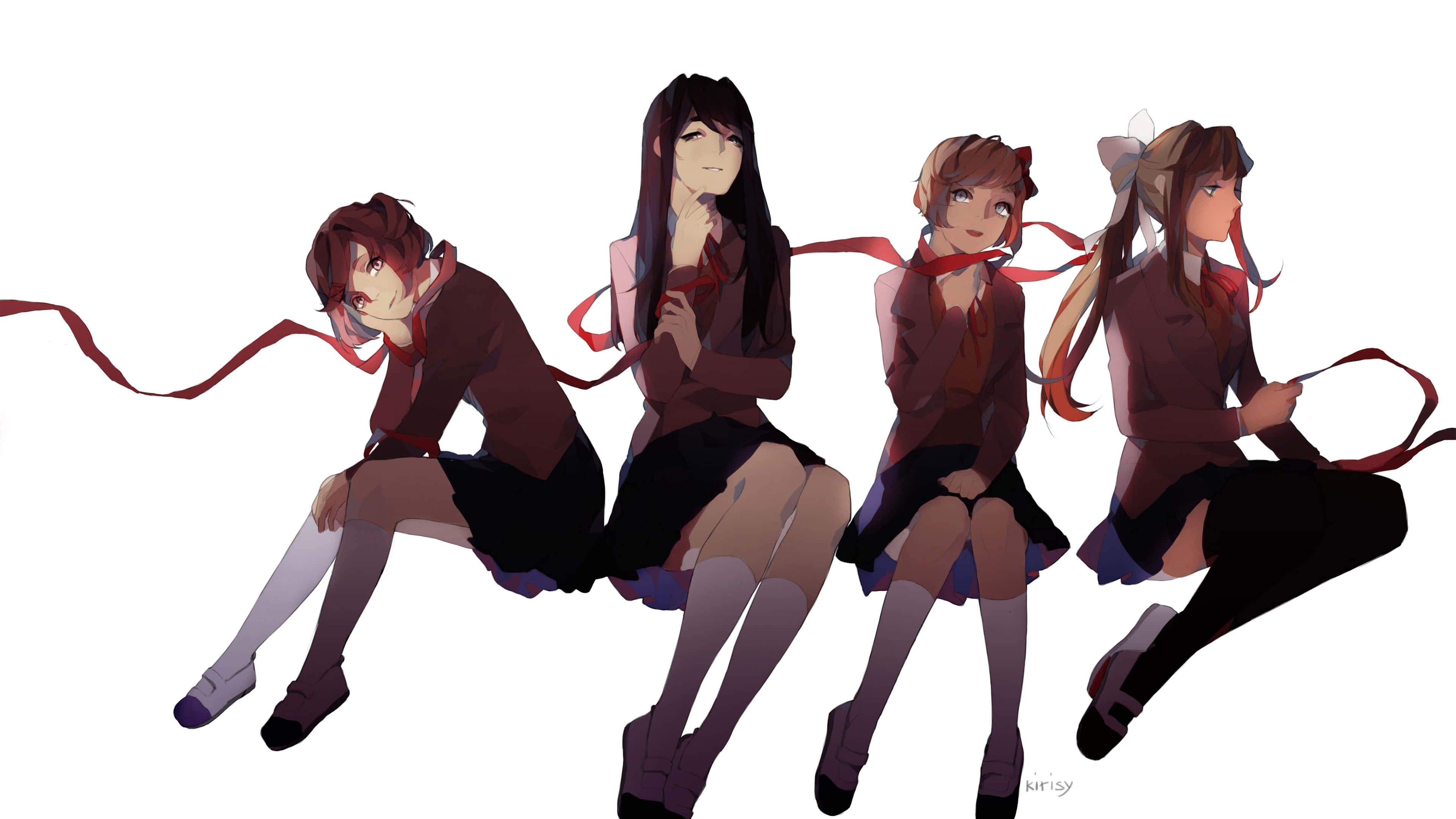 Doki Doki 桌布 壁紙 — 四個穿著校服的動漫女孩坐成一排，在純白色背景前手持紅色絲帶。