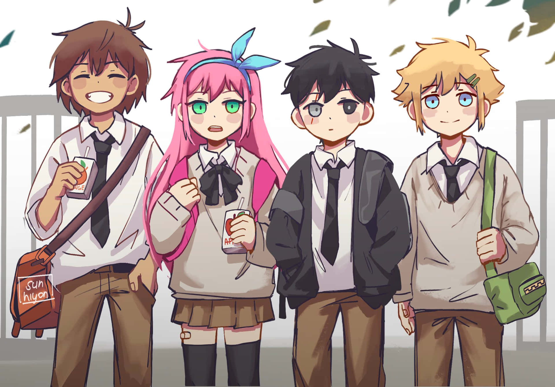 omori 桌布 壁紙 — 四個穿著校服的動漫學生一起站在落下的秋葉下拿著飲料。