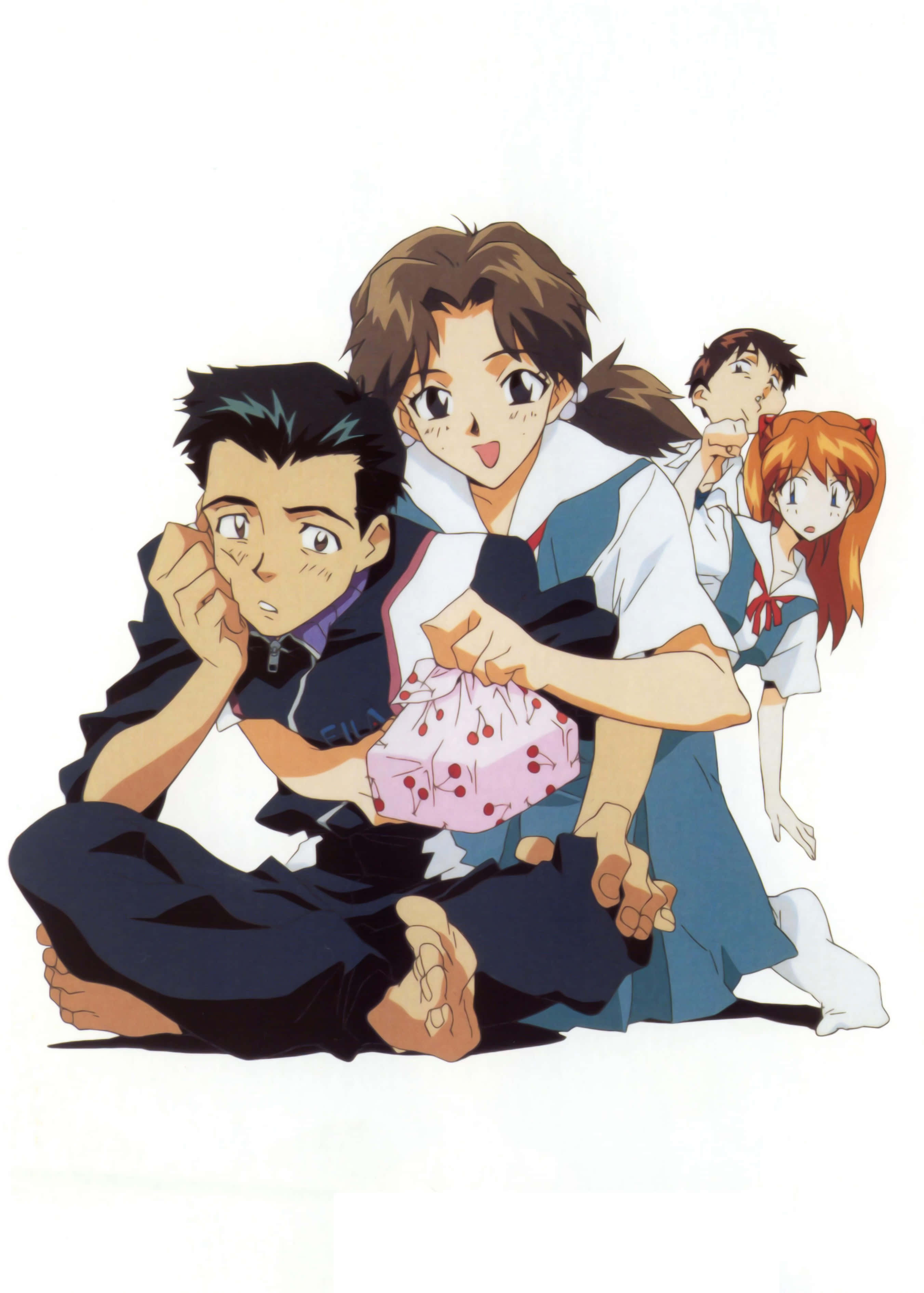 Hikari Horaki 桌布 壁紙 — 四個穿著校服的動漫角色在純白色背景前互動玩耍。