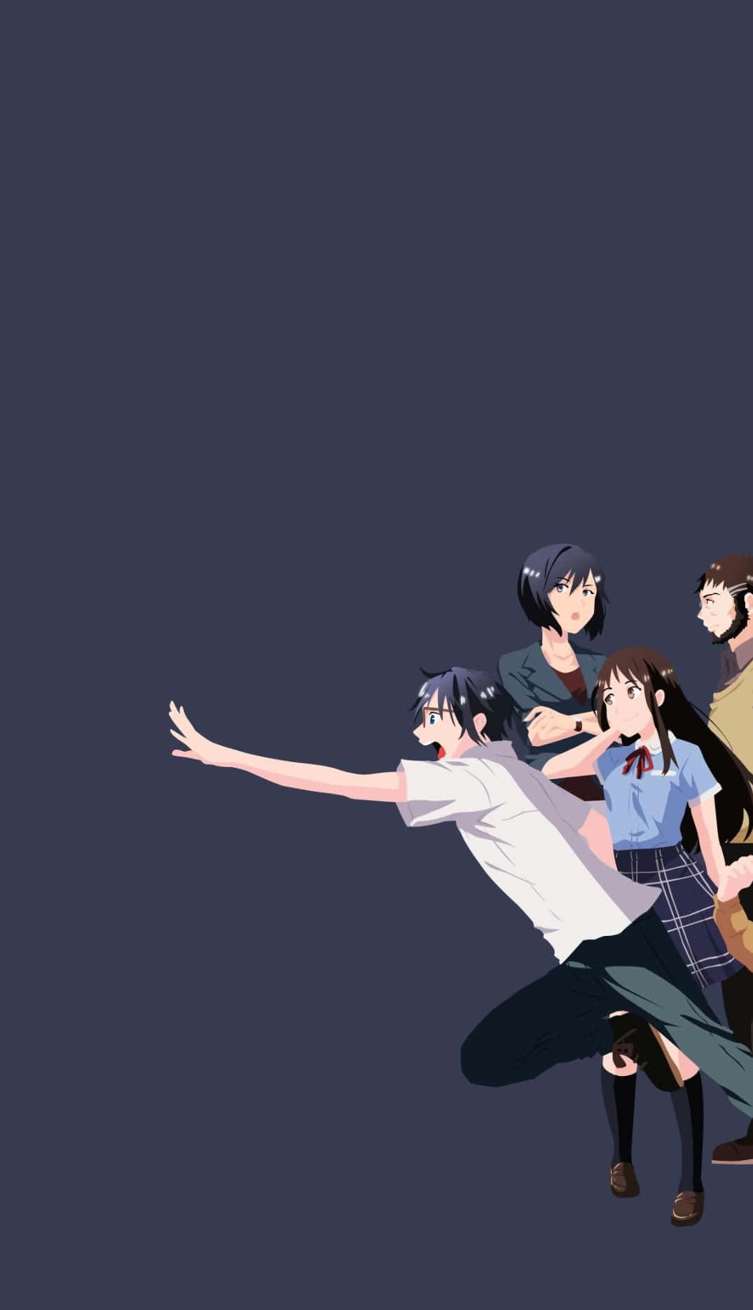 Erased 桌布 壁紙 — 四個穿著校服的動漫青少年在純深灰色背景上動態跳躍。