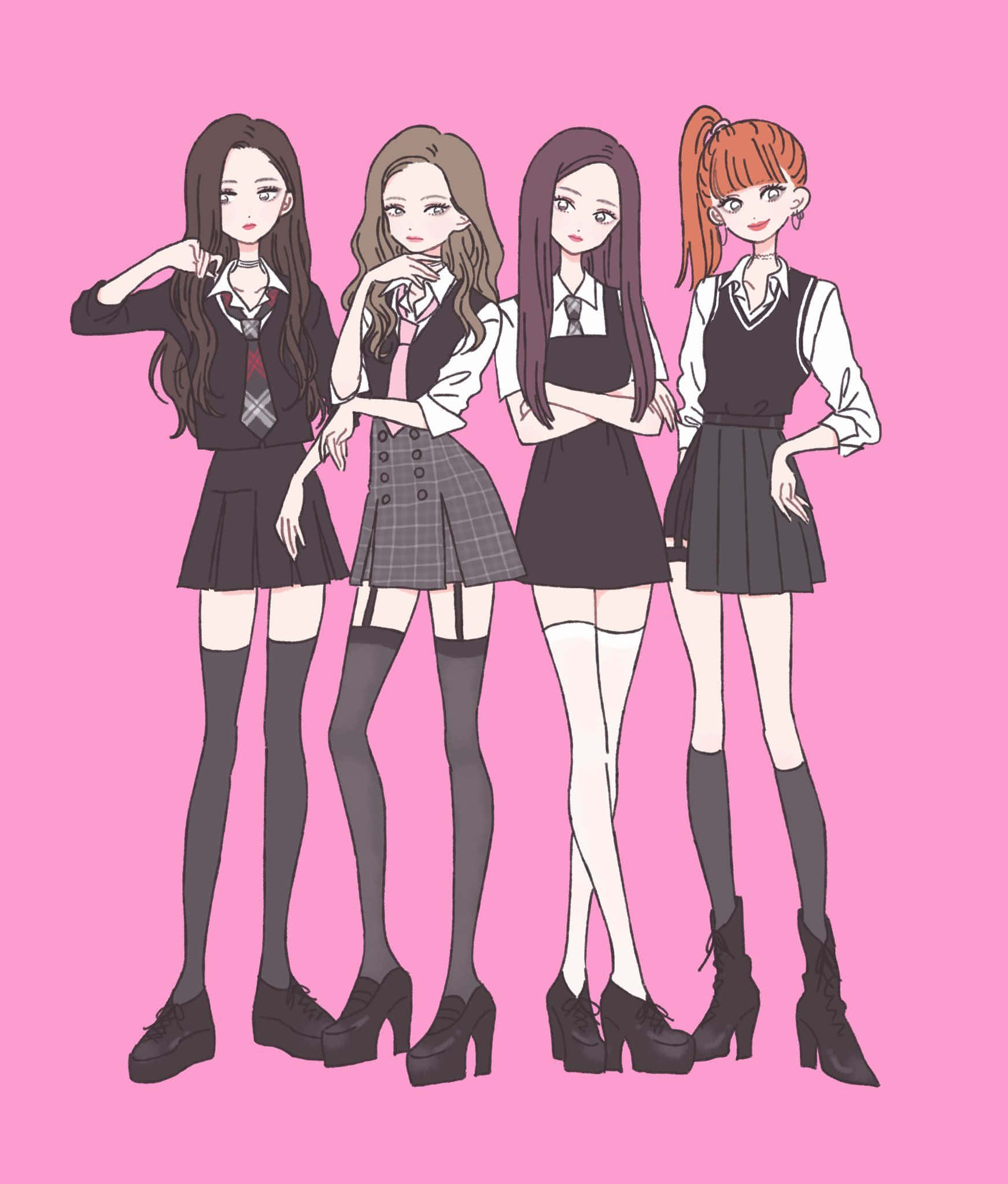 Kpop Kawaii 桌布 壁紙 — 四個穿著校服的動畫女孩在純粉紅色背景前自信地擺姿勢。