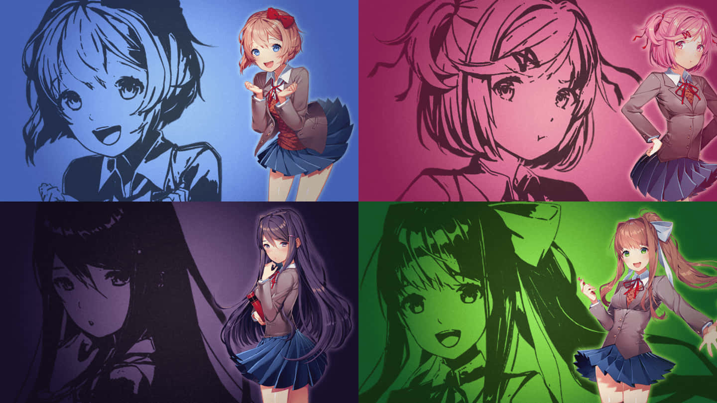 Ddlc 桌布 壁紙 — 四個穿著校服的動畫女孩在鮮豔的單色背景前擺姿勢，呈現風格化的插圖。