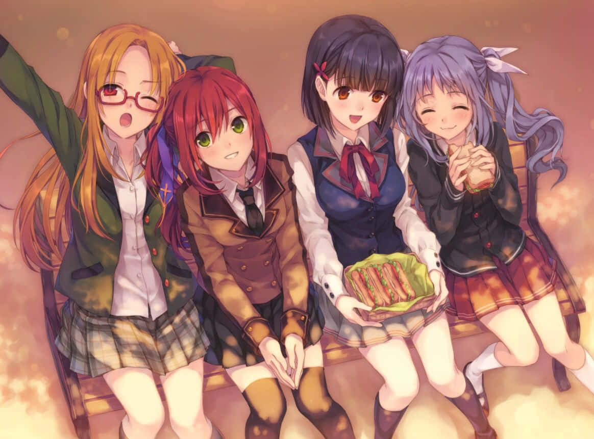 老友記 桌布 壁紙 — 四個穿著校服的動畫女孩坐在一起，微笑著吃三明治，背景溫暖發光。