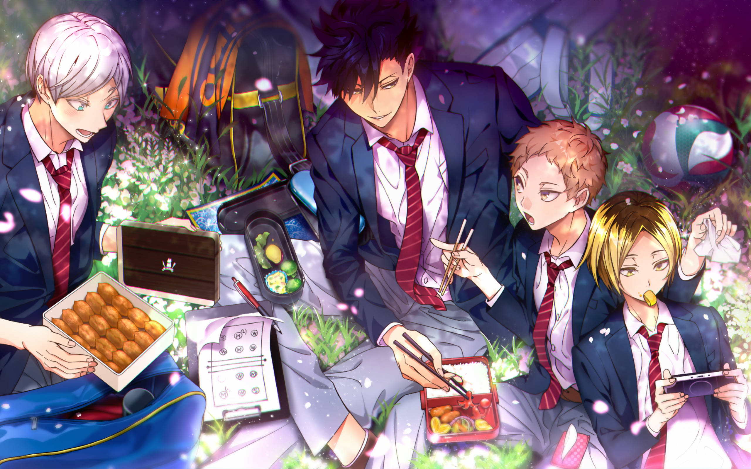 Kuroo 桌布 壁紙 — 四個穿著校服的動畫男孩在櫻花下享受野餐，附近有食物和一個排球。