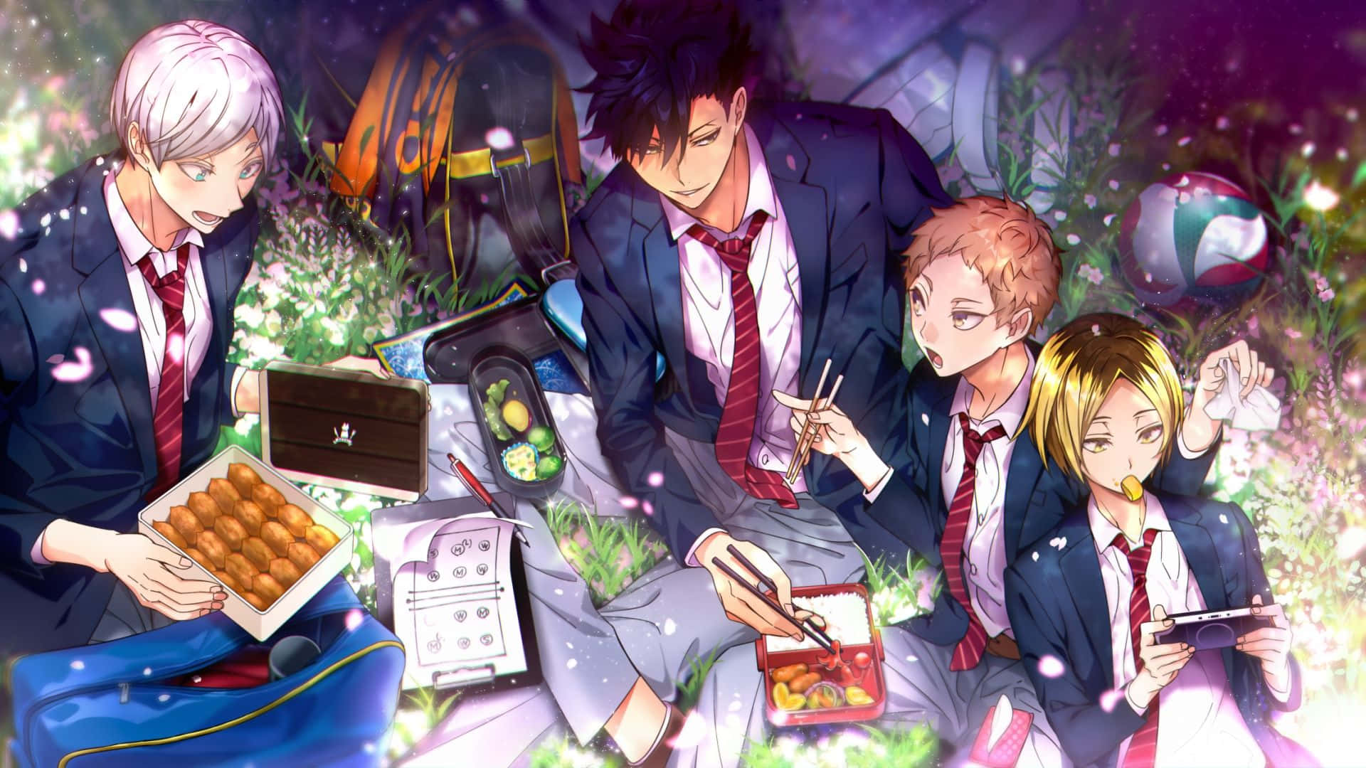 Haikyuu Fan Art 桌布 壁紙 — 四個穿著校服的動畫男孩在櫻花下野餐，有食物和一個排球。