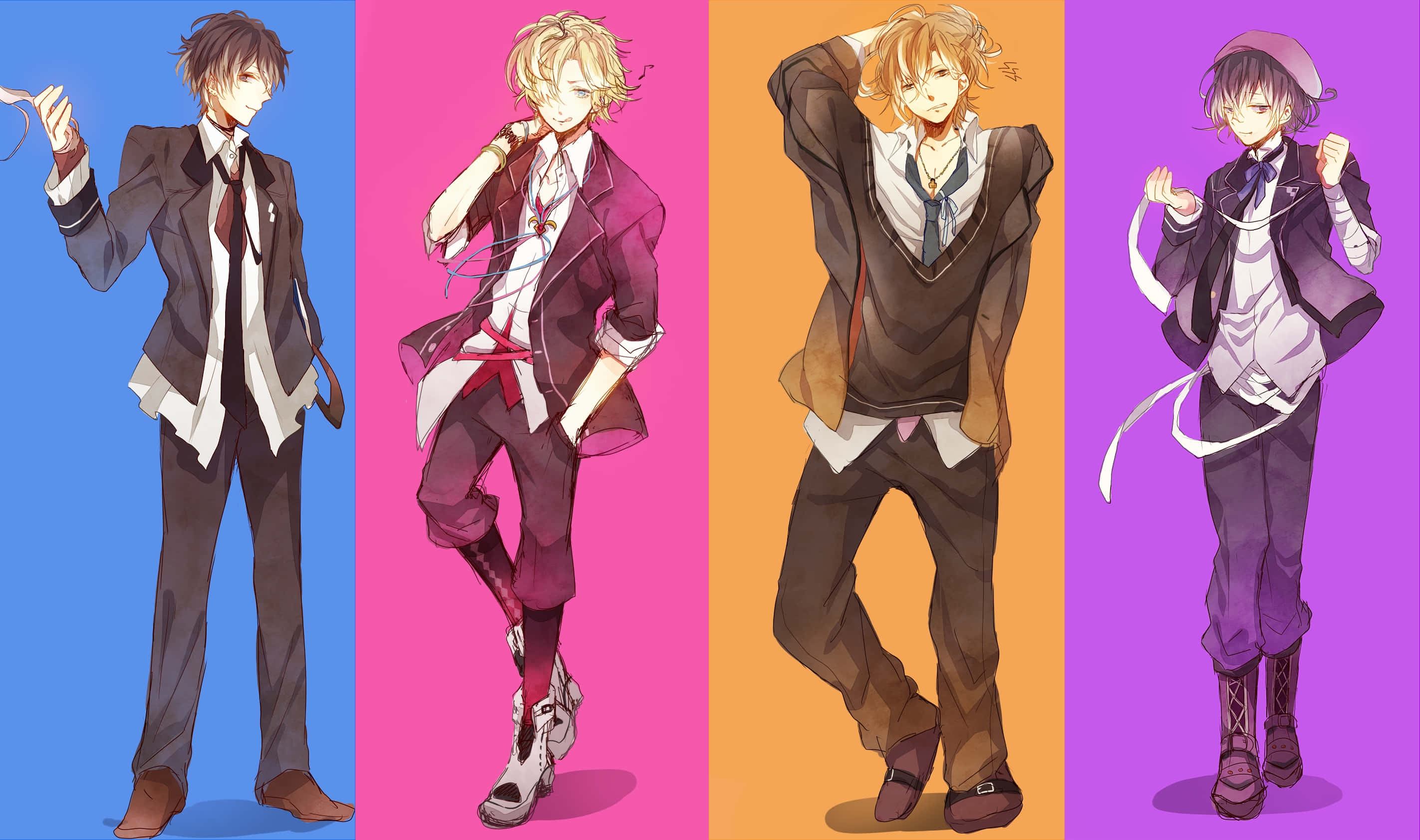 Diabolik Lovers 桌布 壁紙 — 四個穿著校服的動畫男孩在鮮豔的純色背景前自信地擺姿勢。