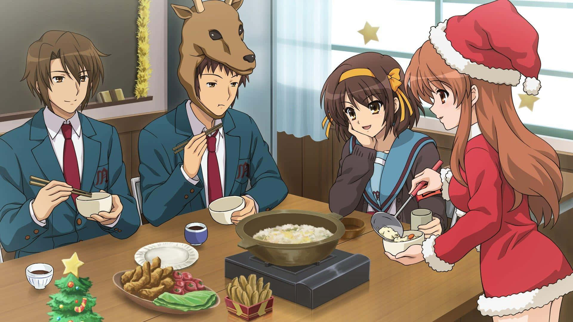 The Melancholy Of Haruhi Suzumiya 桌布 壁紙 — 四個穿著校服的動畫青少年在聖誕裝飾的木桌旁共享節日火鍋。