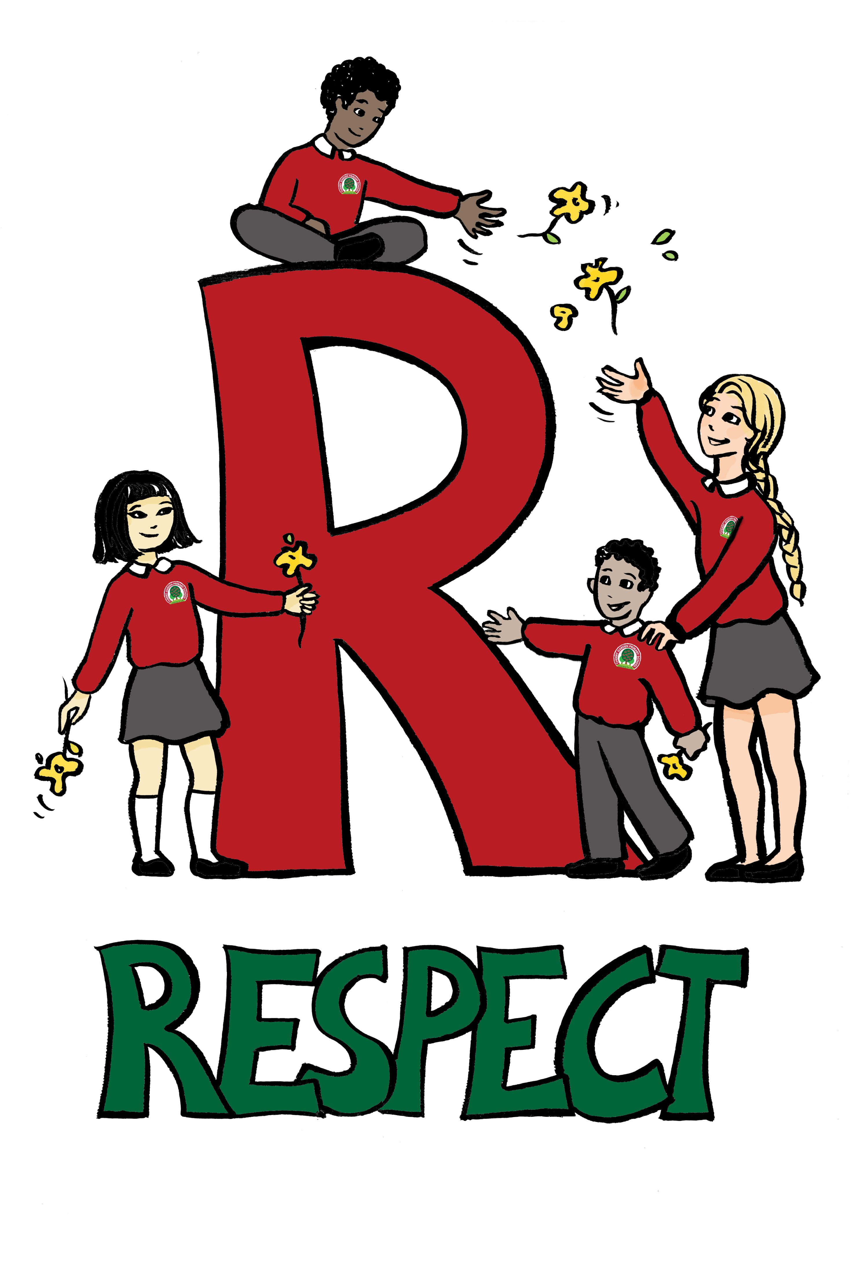 藝術 桌布 壁紙 — 四個穿著校服的小孩圍住一個巨大的紅色字母R，手持黃色花朵，下方有RESPECT字樣。