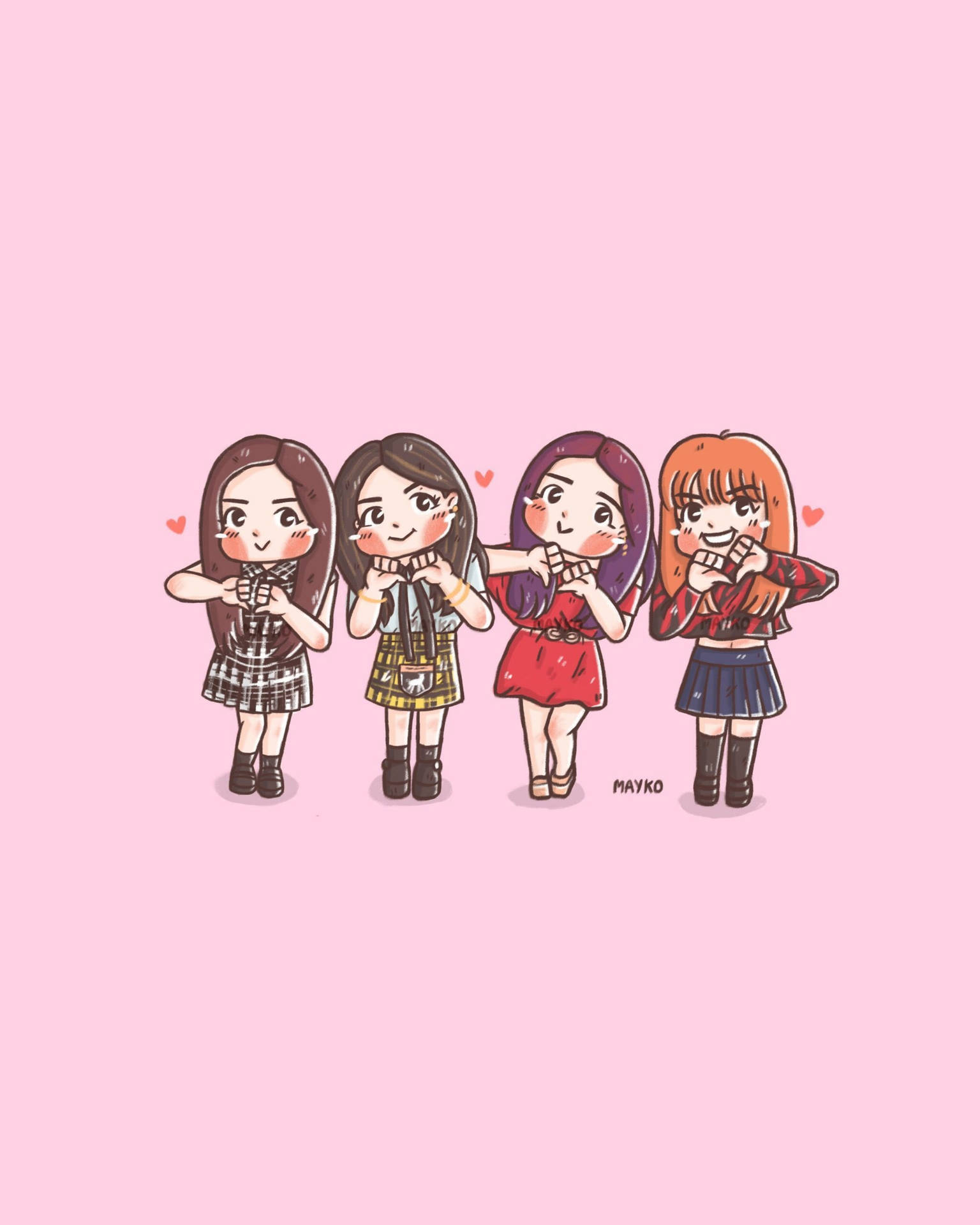四個穿著校服的動畫女孩在粉紅色背景上微笑，周圍有心形圖案。 — Blackpink 動畫 GIF 壁紙