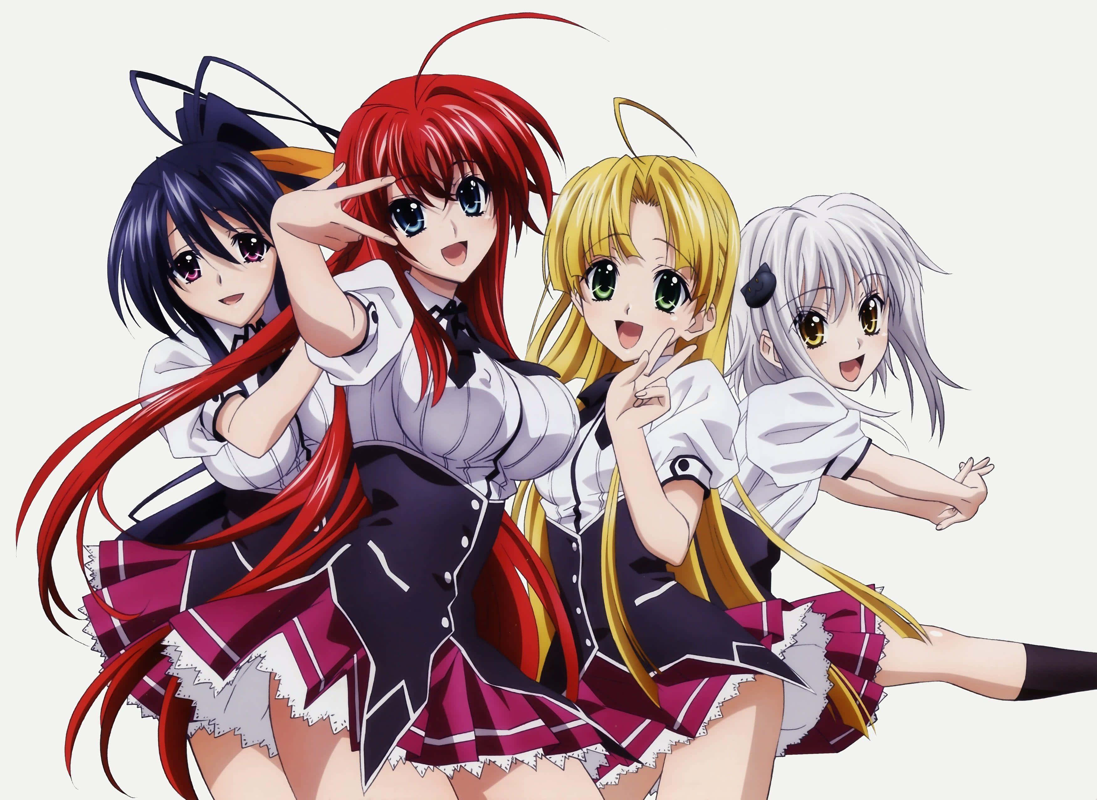 Rias Gremory 桌布 壁紙 — 四個穿著校服的開心動畫女孩在純色背景前擺出俏皮姿勢。