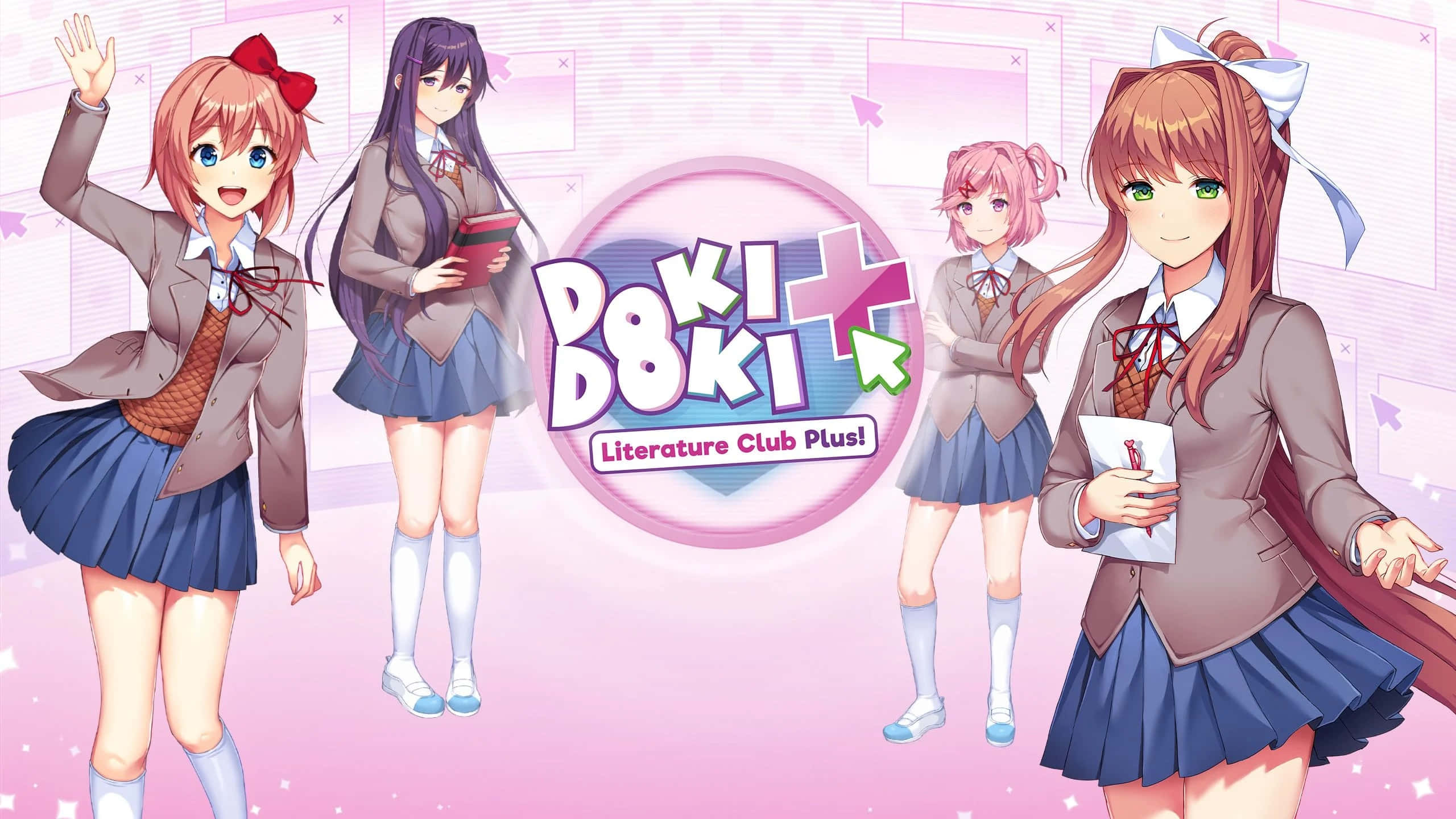 Doki Doki Literature Club 桌布 壁紙 — 四個穿著校服的開心動畫女孩在閃爍背景前圍繞一個粉紅色圓形的 Doki Doki Literature Club Plus 標誌揮手和擺姿勢。