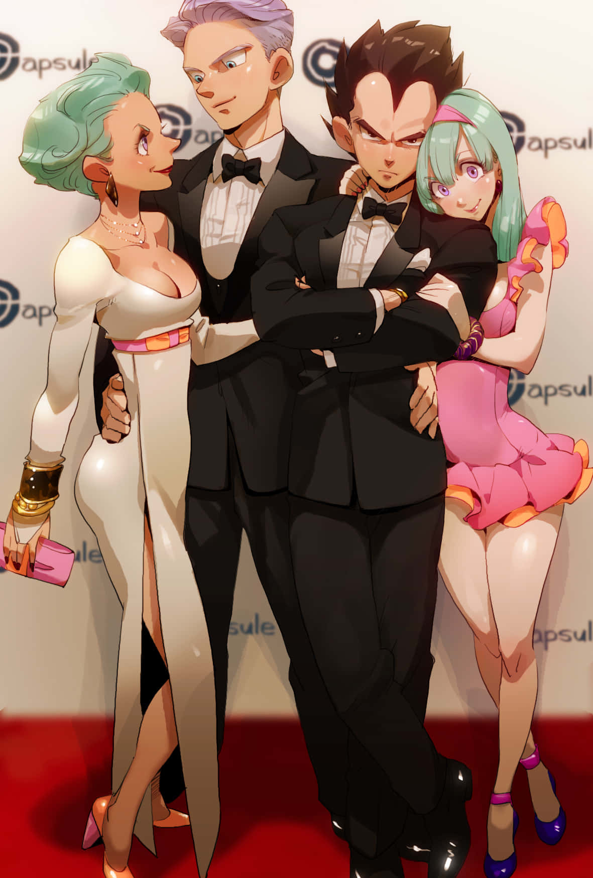 Vegeta's Family 桌布 壁紙 — 四個穿著正式服裝的動漫角色在品牌背景前的紅地毯上自信地擺姿勢。
