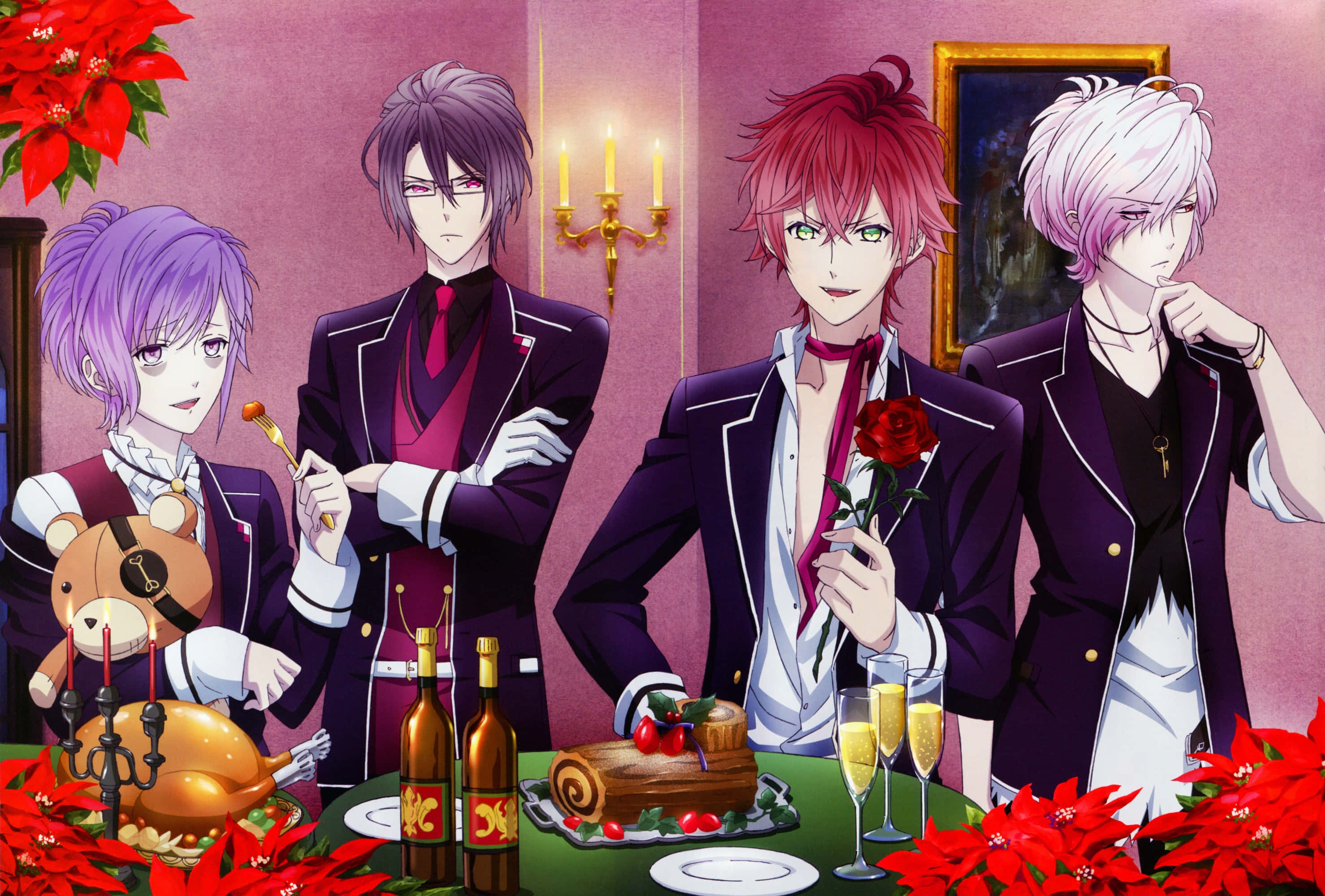 Diabolik Lovers 桌布 壁紙 — 四個穿著正式服裝的動漫角色在溫暖燭光下，圍繞著一張裝飾著聖誕紅、香檳和節日美食的節慶餐桌。