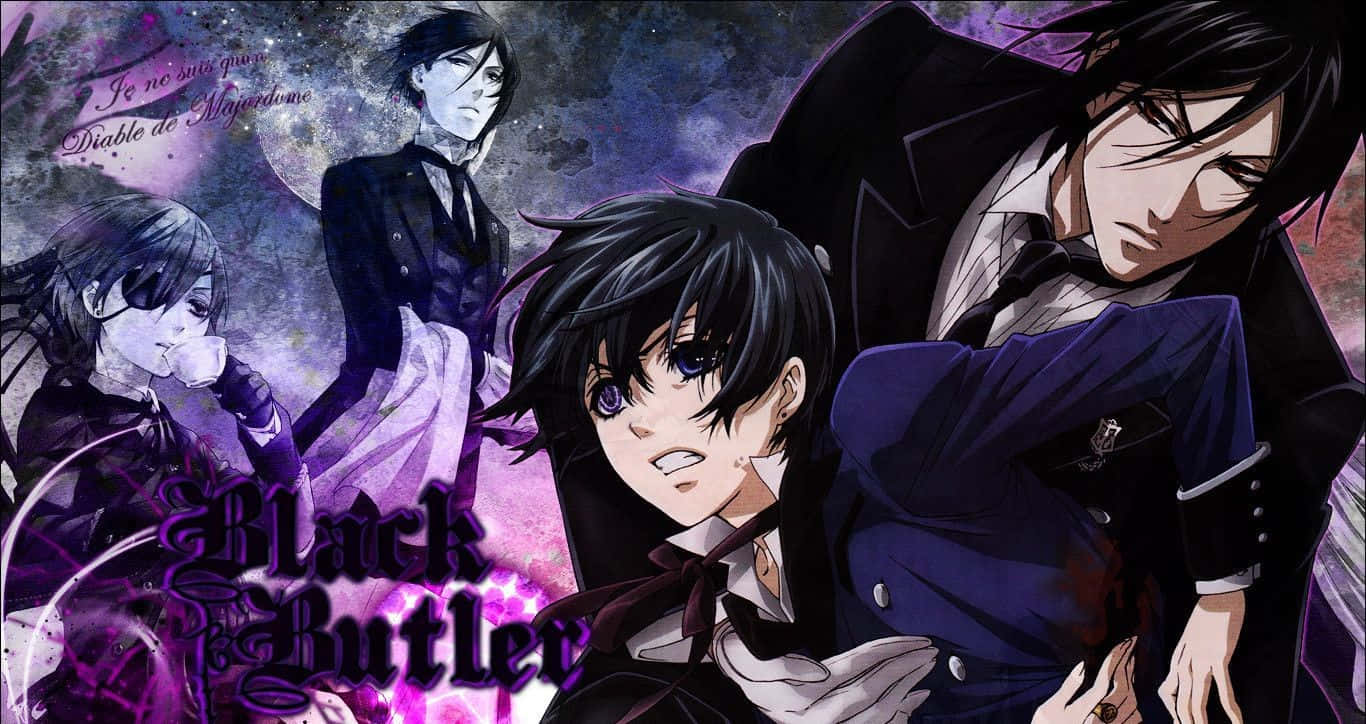 Black Butler 桌布 壁紙 — 四個穿著正式黑色服裝的動漫角色站在旋轉的紫色和粉紅色宇宙背景前，帶有發光文字。