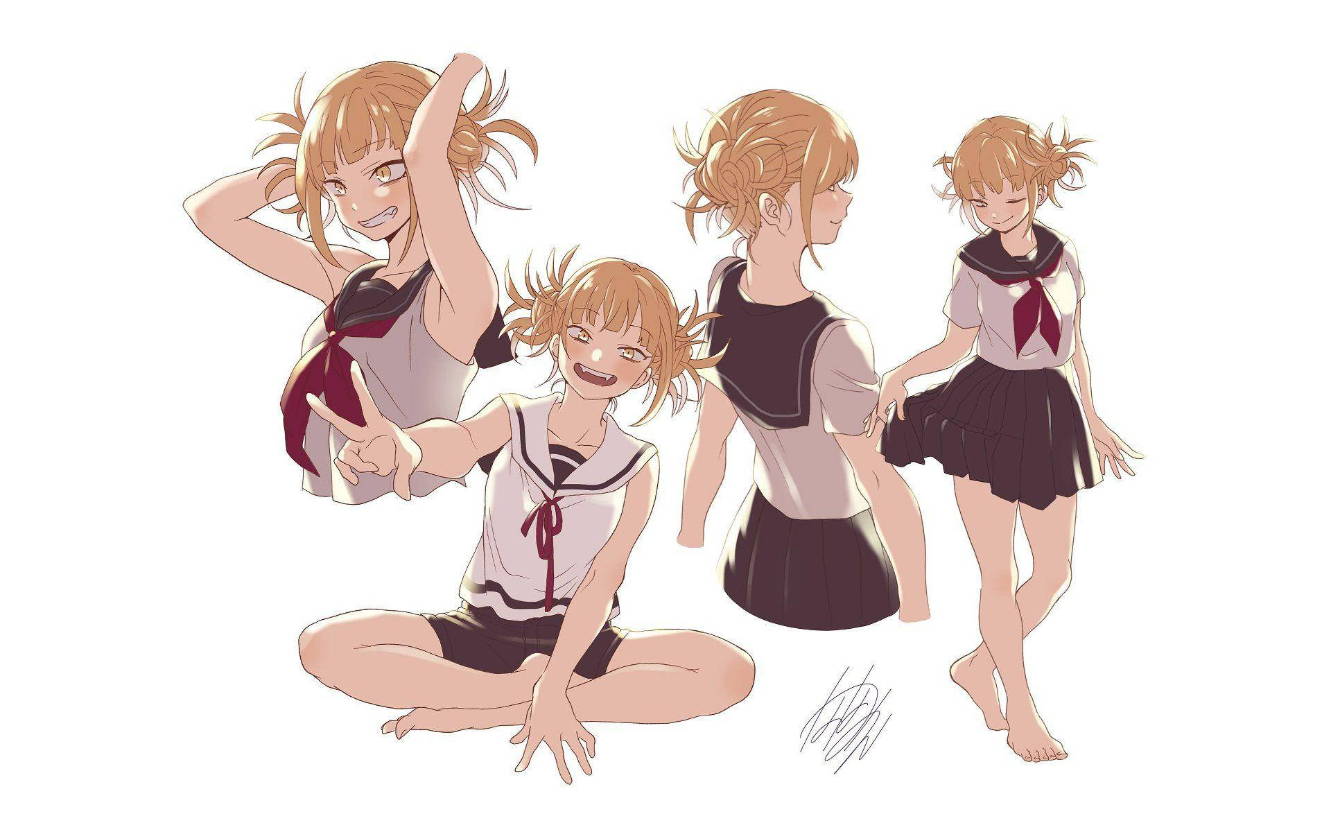 Toga 桌布 壁紙 — 四個穿著水手服的動漫女孩在白色背景前開心擺姿勢，表情調皮。