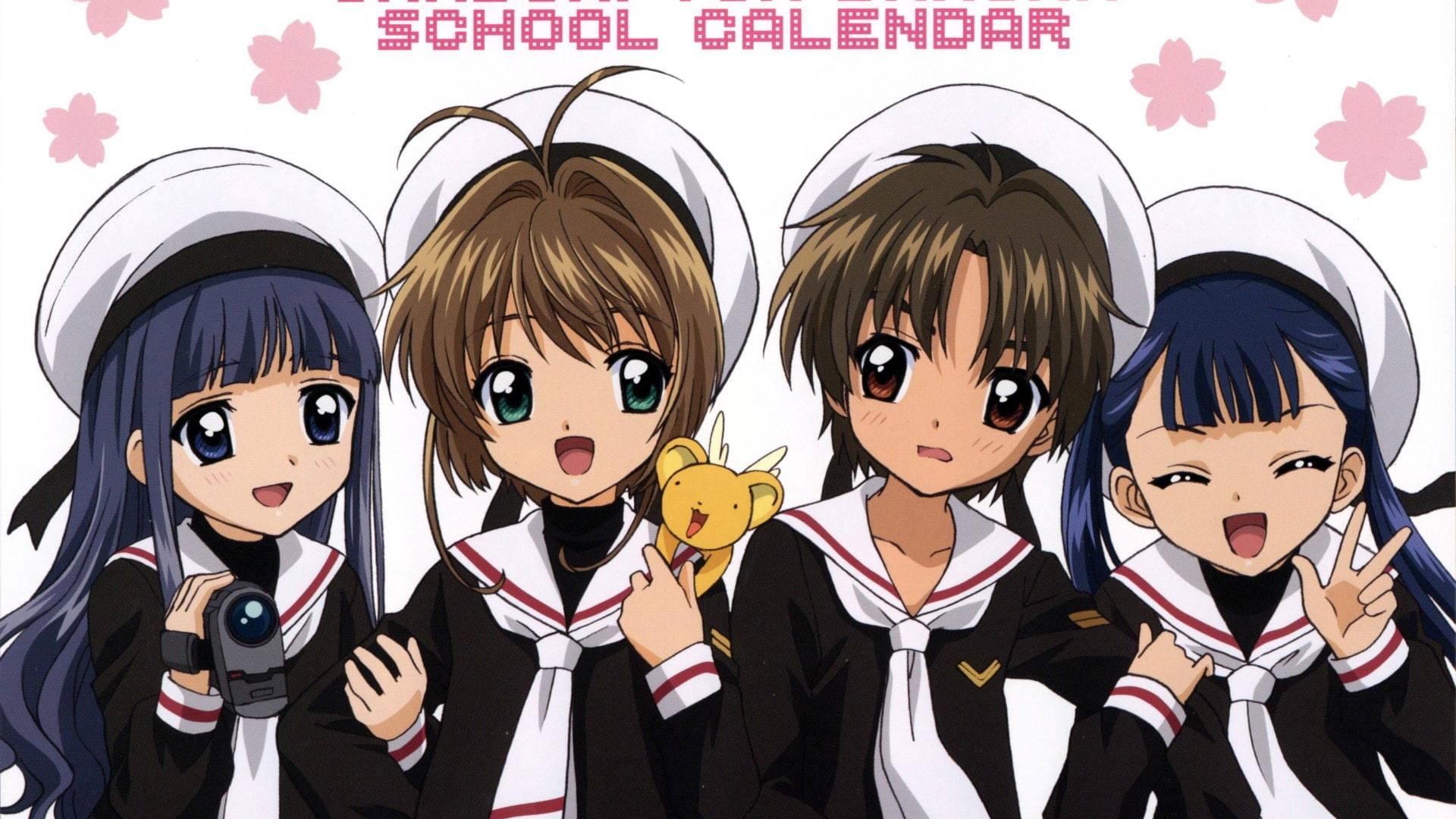 Cardcaptor 桌布 壁紙 — 四個穿著水手服的動漫女孩在粉紅色櫻花背景下開心擺姿勢。