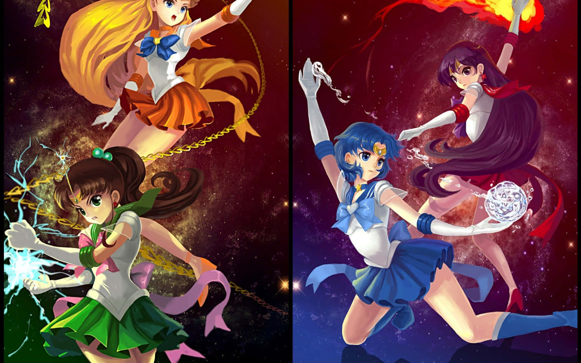 sailor moon crystal 桌布 壁紙 — 四個穿著水手服的動漫女孩用發光武器在宇宙星空背景下戰鬥。