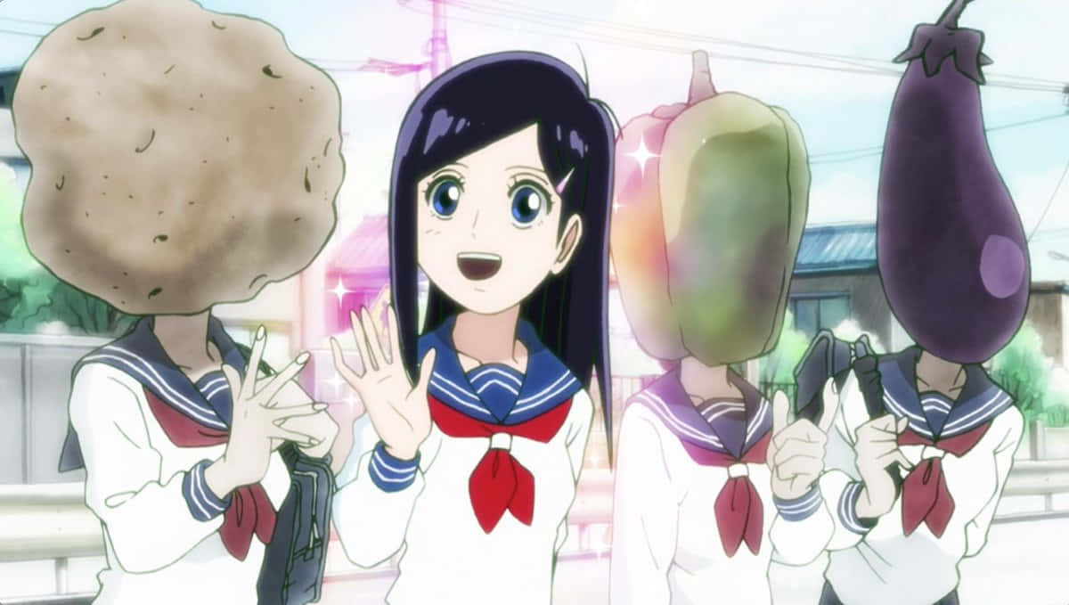 Tsubomi Takane 桌布 壁紙 — 四個穿著水手服的動畫女孩，戴著包括馬鈴薯、櫛瓜和茄子的蔬菜頭，開心地揮手。