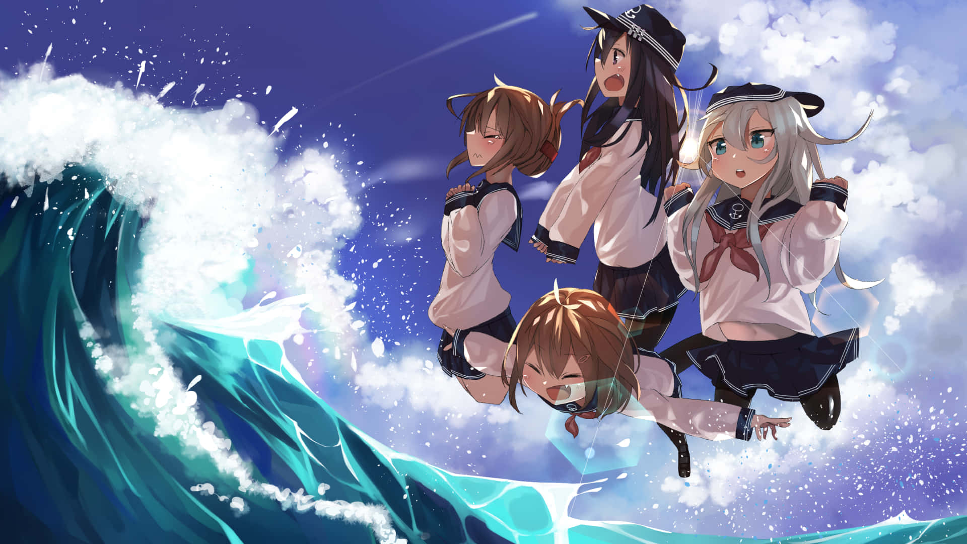 Kantai Collection 桌布 壁紙 — 四個穿著水手服的動畫女孩在多雲的天空下漂浮在巨大的海浪之中。