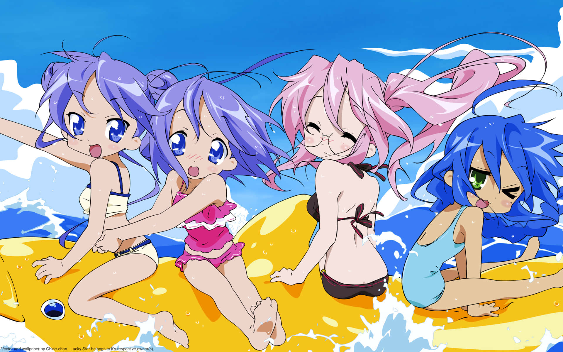 cute anime characters 桌布 壁紙 — 四個穿著泳衣的動漫女孩在明亮的藍天下，頑皮地騎著黃色衝浪板穿過海浪。