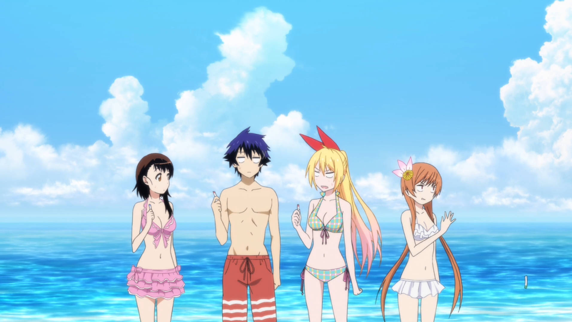 Beach Vacation 桌布 壁紙 — 四個穿著泳衣的動漫角色站在陽光明媚的海灘上，背景是藍色海洋和蓬鬆的白雲。