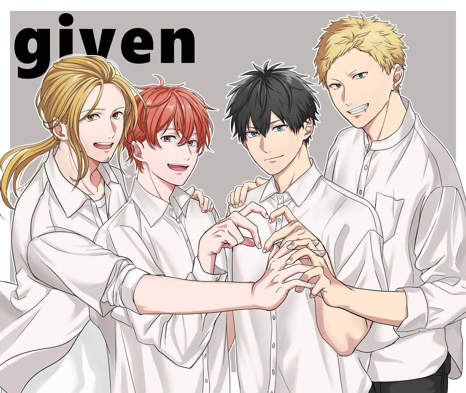 Cute Anime Boy 桌布 壁紙 — 四個穿著白襯衫的動漫男孩在純灰色背景前用手組成一個心形。