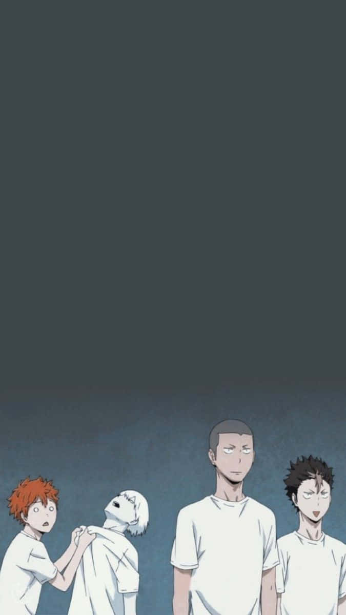 Karasuno 桌布 壁紙 — 四個穿著白襯衫的動漫男孩站在深色漸變背景前，表情豐富。